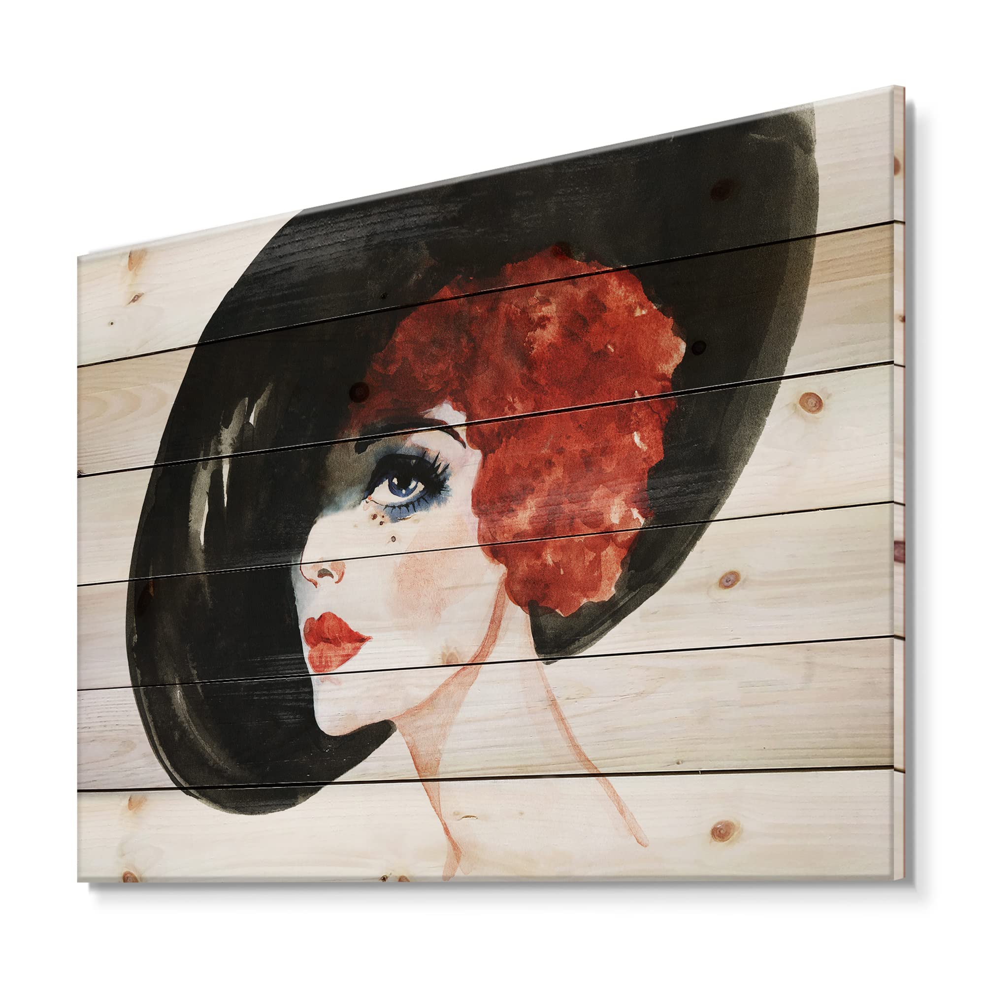 Red Head Lady Portrait Wood Wall Art - Modern Orange Decor for Living Room