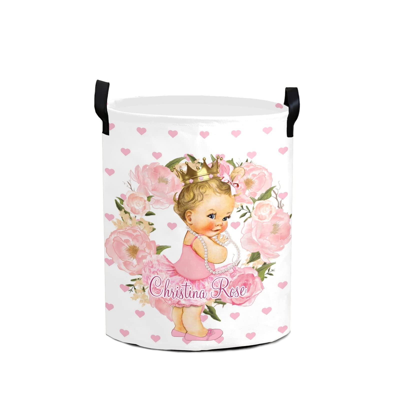 Personalized Floral Heart Crown Laundry Basket with Handles - Waterproof & Collapsible Clothes Hamper for Girls, Large Capacity Storage Organizer for Bedroom & Bathroom | Perfect for Kids' Room Decor, Laundry Day & Space-Saving Storage
