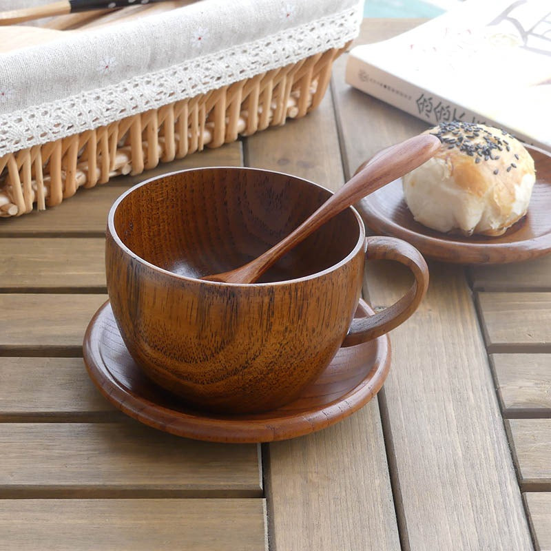 Handcrafted Wooden Tea Cup Set with Saucer & Spoon - 2 Piece Eco-Friendly Tea Drinking Kit for Home, Office, or Outdoor Picnics