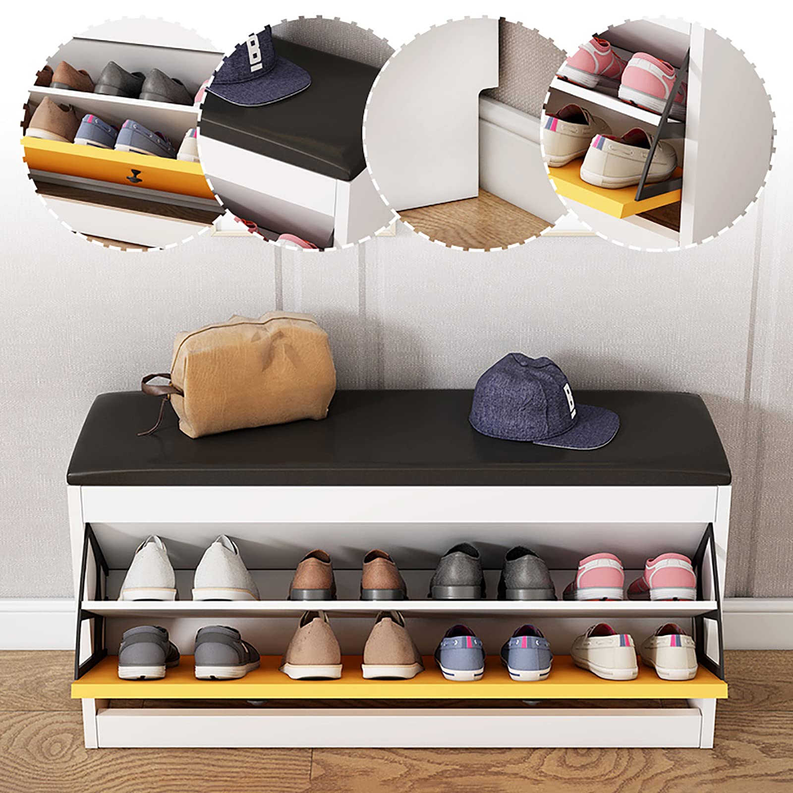Modern Entryway Bench with Hidden Shoe Storage - PU Leather Shoe Cabinet & Changing Stool - 80x24x50cm (31x9x20inch) - Space-Saving Hallway Organizer for Shoes & Accessories - Perfect for Small Apartments & Entryways