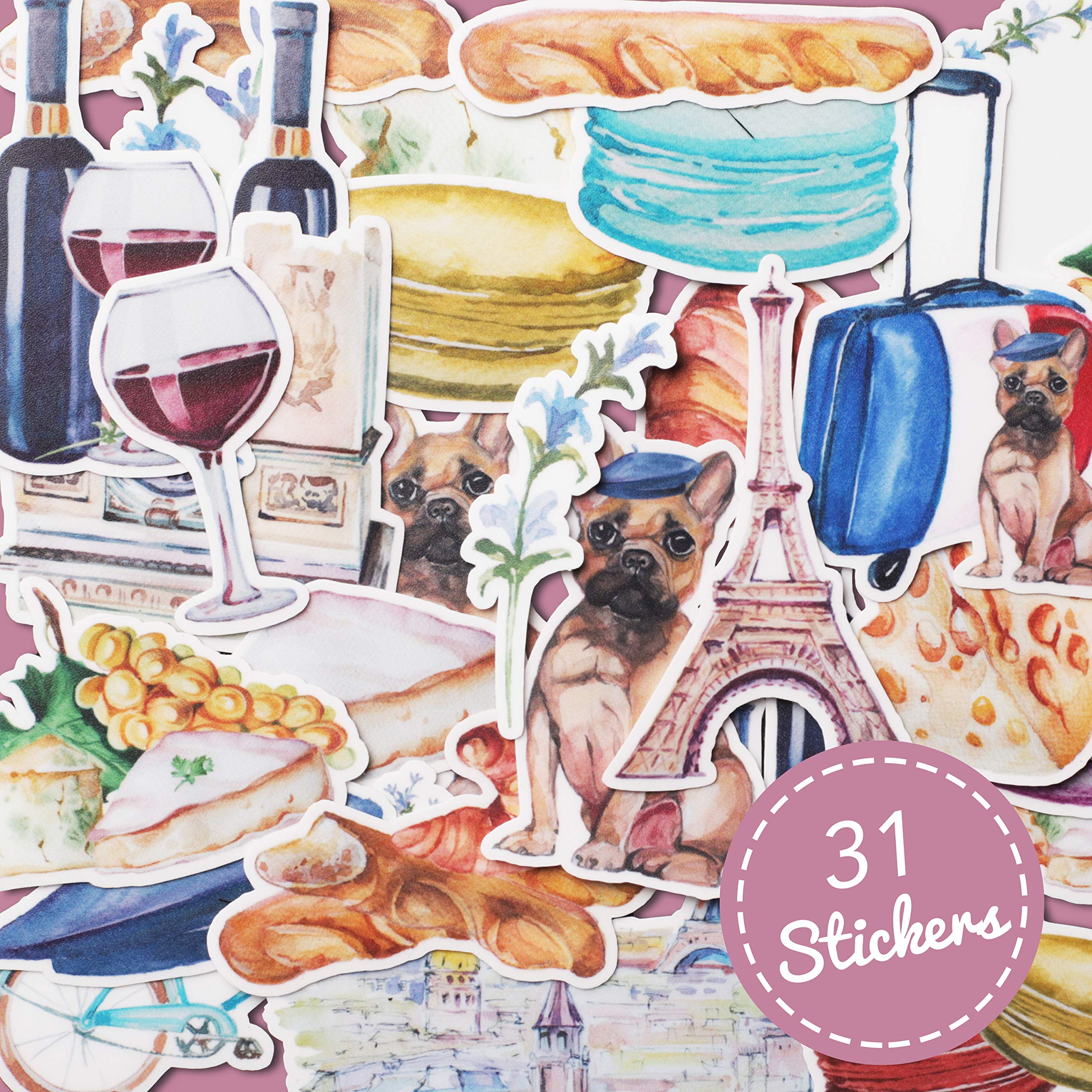 31 Pack Navy Peony Romantic France Travel Stickers - Waterproof Aesthetic Decals for Water Bottles, Laptops, Scrapbooks | Perfect for Travel Journals, DIY Crafts & Gift Wrapping