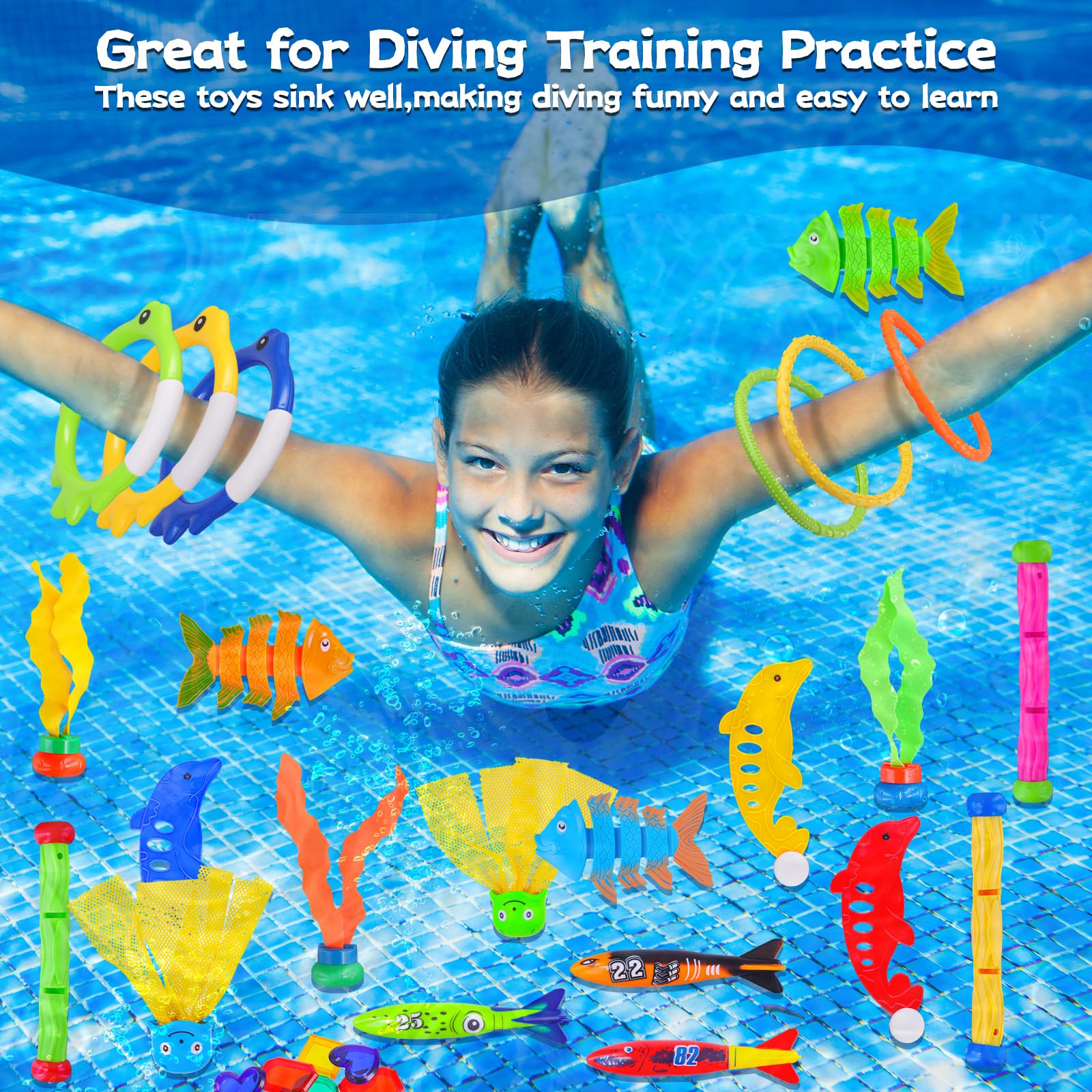 **MGparty 35 Pcs Diving Pool Toys Set for Kids - Fun Summer Water Pool Games & Swimming Toys with Storage Bag - Perfect for Boys, Girls & Toddlers Ages 3-12 - Great for Pool Parties, Beach Trips & Backyard Fun**
