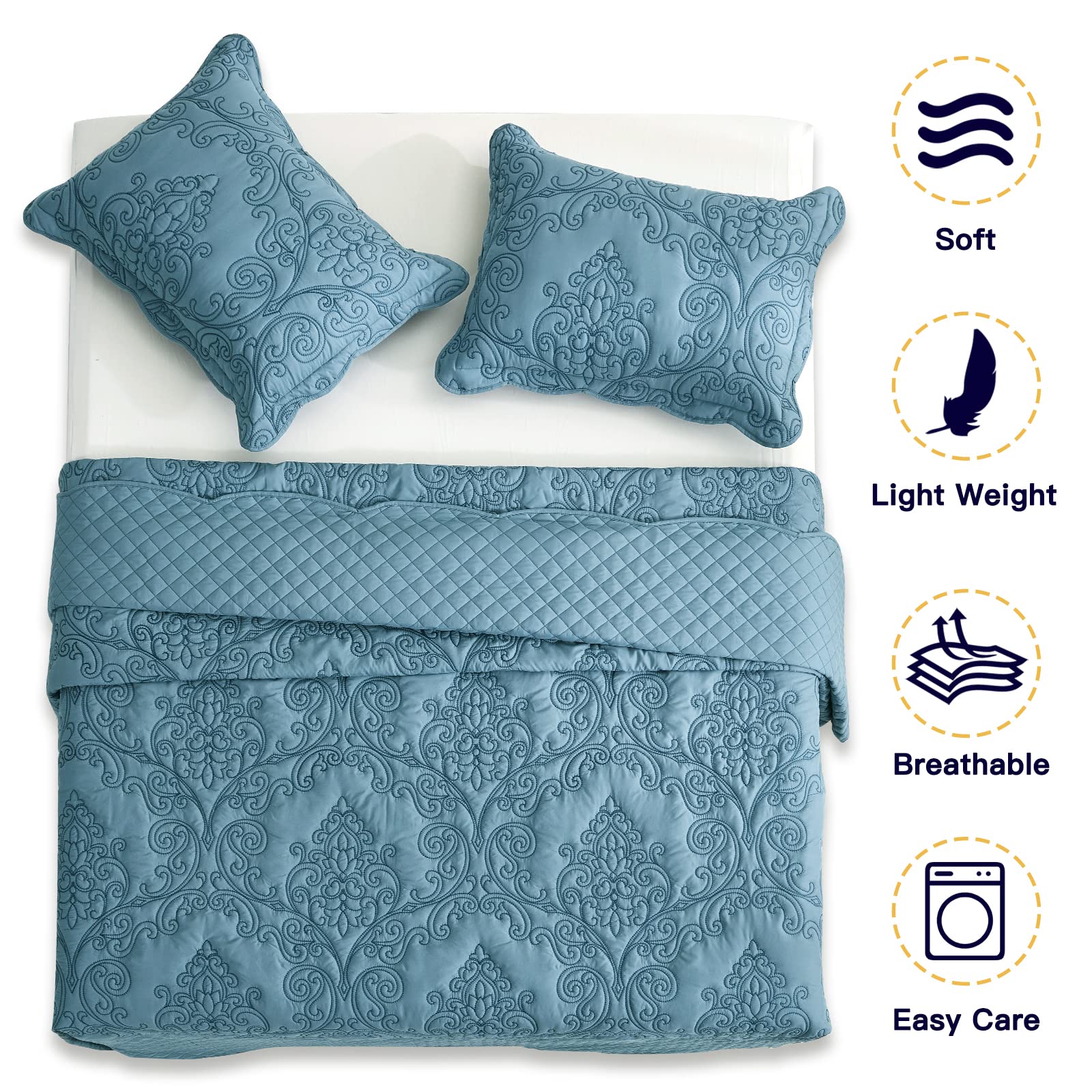 Luxury CHIXIN Full Size Reversible Bedspread Coverlet Quilt Set - 4 Piece Lightweight Bedding with Damask Paisley Pattern & Beautiful Stitching (Full, Lagoon) - Perfect for Guest Rooms, Master Bedrooms & Cozy Home Decor