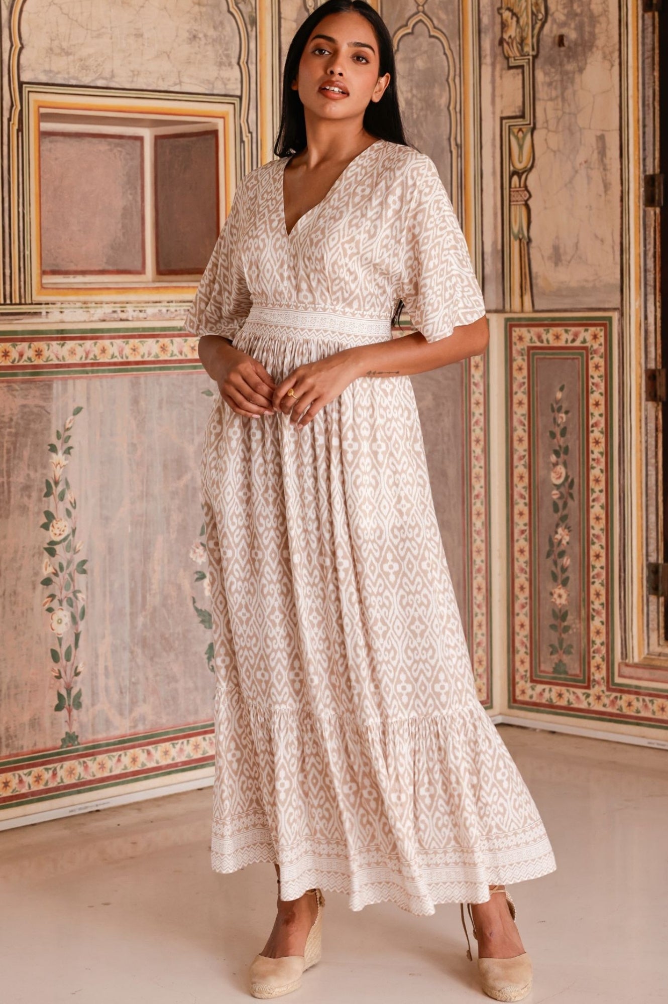 Lena EcoVero™ Sustainable Women's Dress in Taupe & White - Perfect for Casual Wear, Office Outfits & Eco-Friendly Fashion