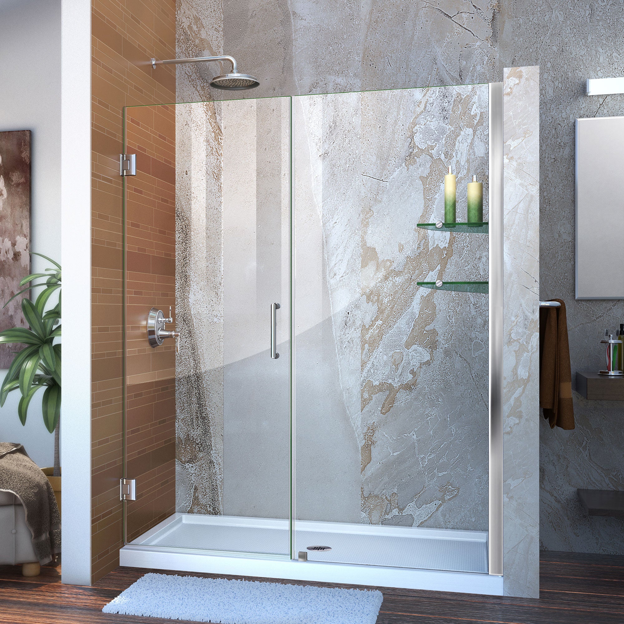 DreamLine Unidoor 58-59 Inch W x 72 Inch H Frameless Hinged Shower Door with Built-in Shelves - Clear Tempered Glass - Perfect for Modern Bathroom Renovations & Spa-Like Showers