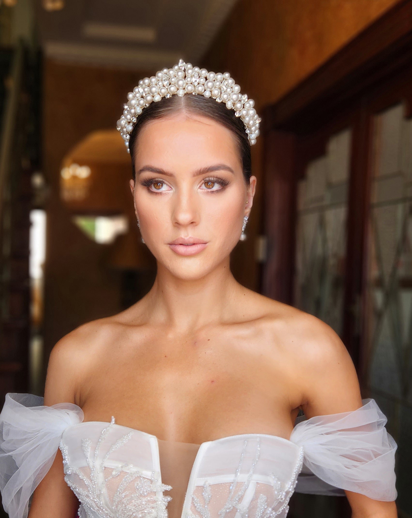 Elegant Bridal Headpiece with Dramatic Pearl Encrusted Crown | Pearlin by Kezani | Perfect for Weddings, Prom & Special Occasions