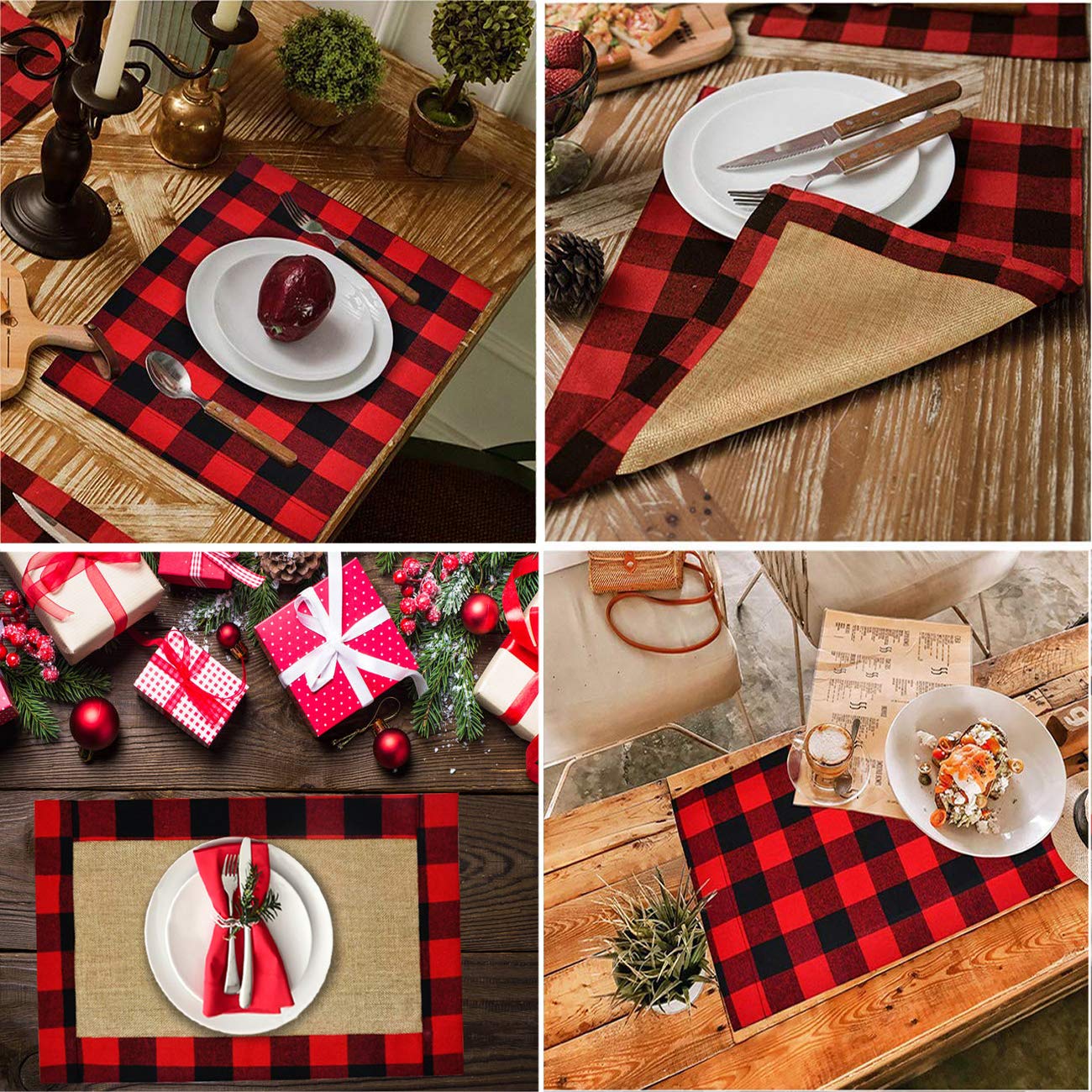 Senneny Set of 6 Christmas Placemats - Buffalo Check Red Black Plaid Reversible Burlap & Cotton Holiday Table Mats for Christmas Decorations | Perfect for Holiday Dinner Parties, Festive Table Settings & Home Decor