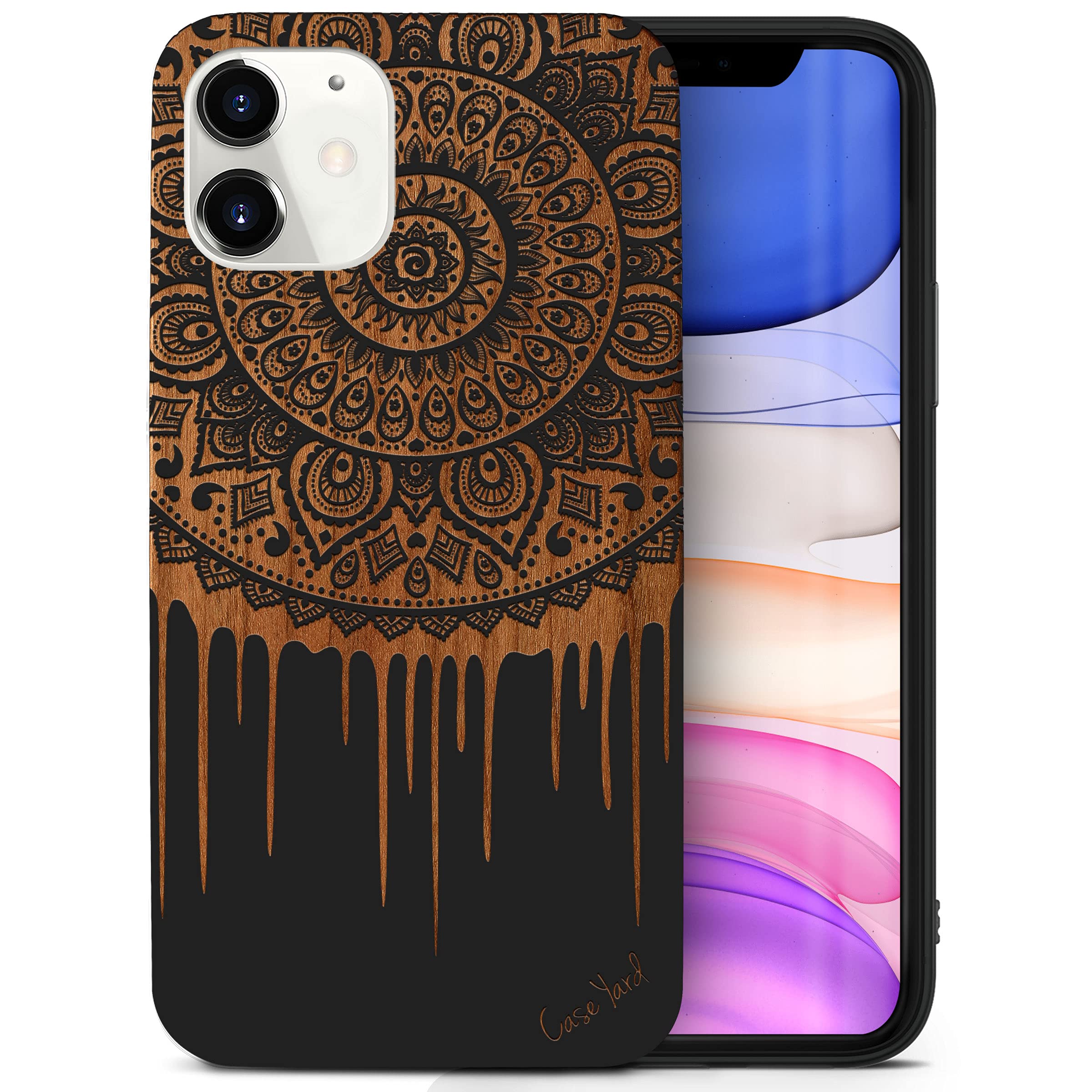 CaseYard Wooden Phone Case for iPhone 11 - Laser Engraved Dripping Mandala Design, Black Wood Protective Shockproof Slim Fit Cover for Men & Women | Perfect for Daily Use, Travel & Gift Giving