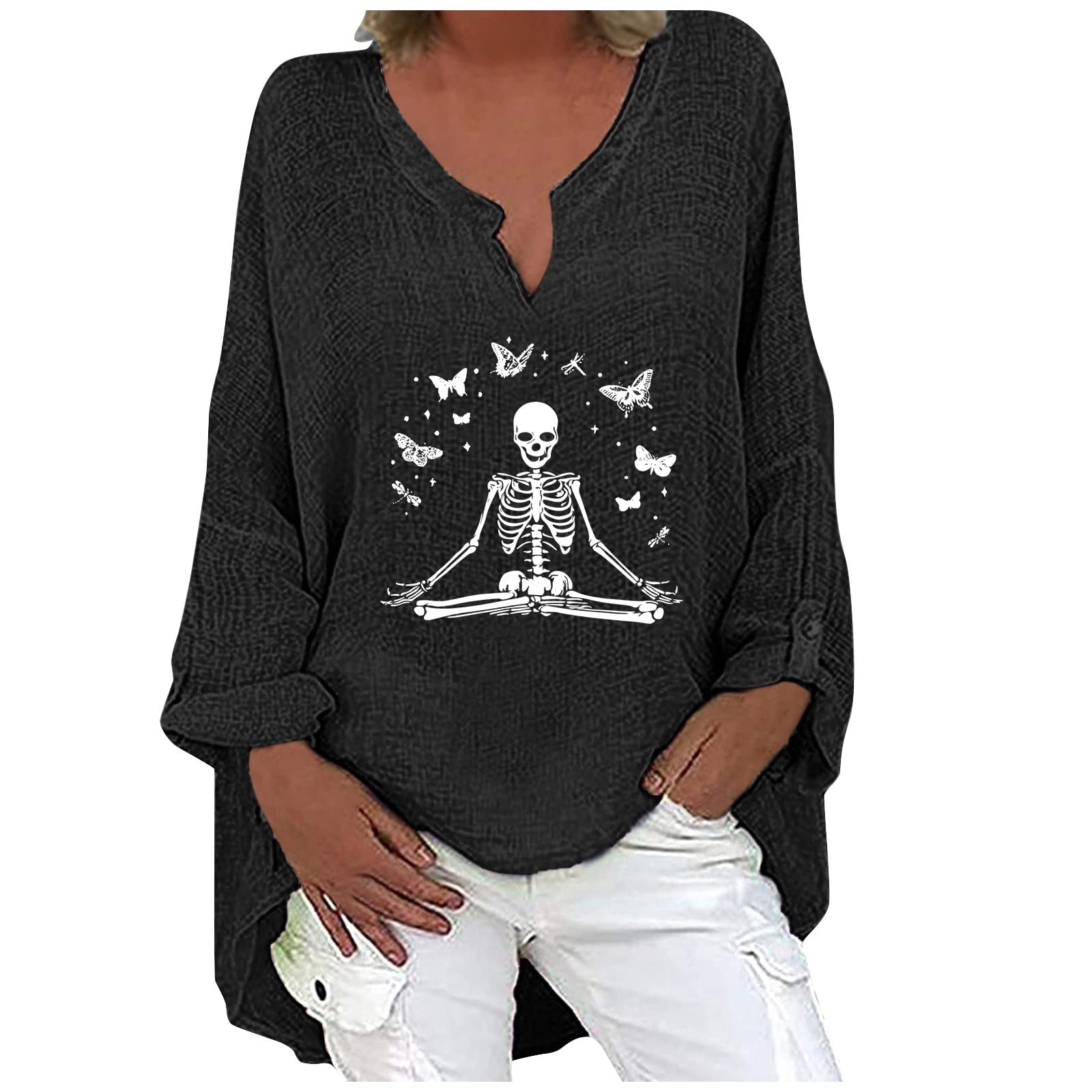 2024 Women's Halloween Shirts - Black, Grey & Green Lightweight Crop V-Neck Pullover Sweatshirt | Casual Fall Fashion Top for Parties, Trick-or-Treating & Spooky Season Outfits