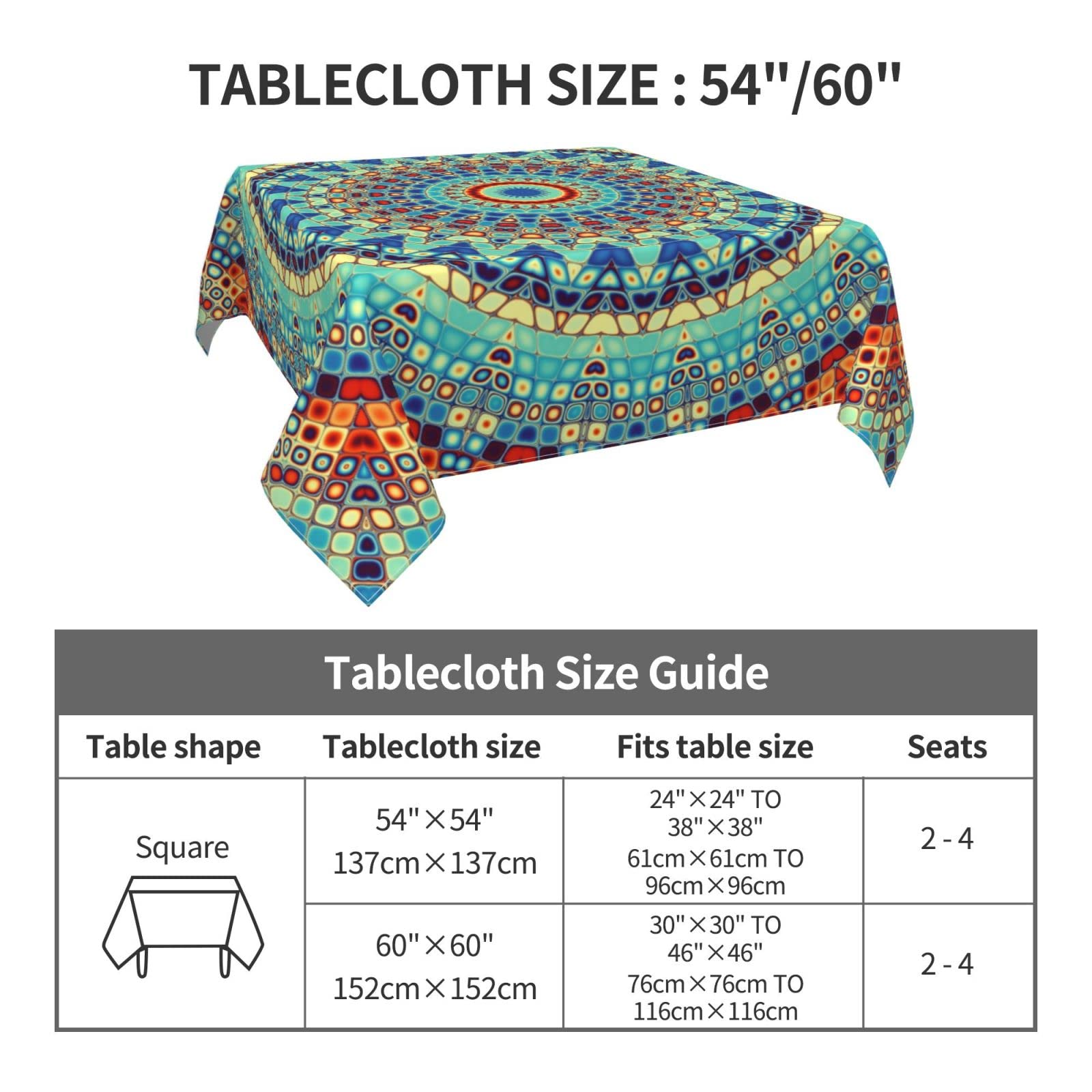 Kawani Mandala Square Tablecloth 54x54 Inch Waterproof Vinyl Bohemian Table Cover for Parties, Weddings, Picnics & Home Decor - Perfect for Spring Celebrations, Holiday Gatherings and Outdoor Dining