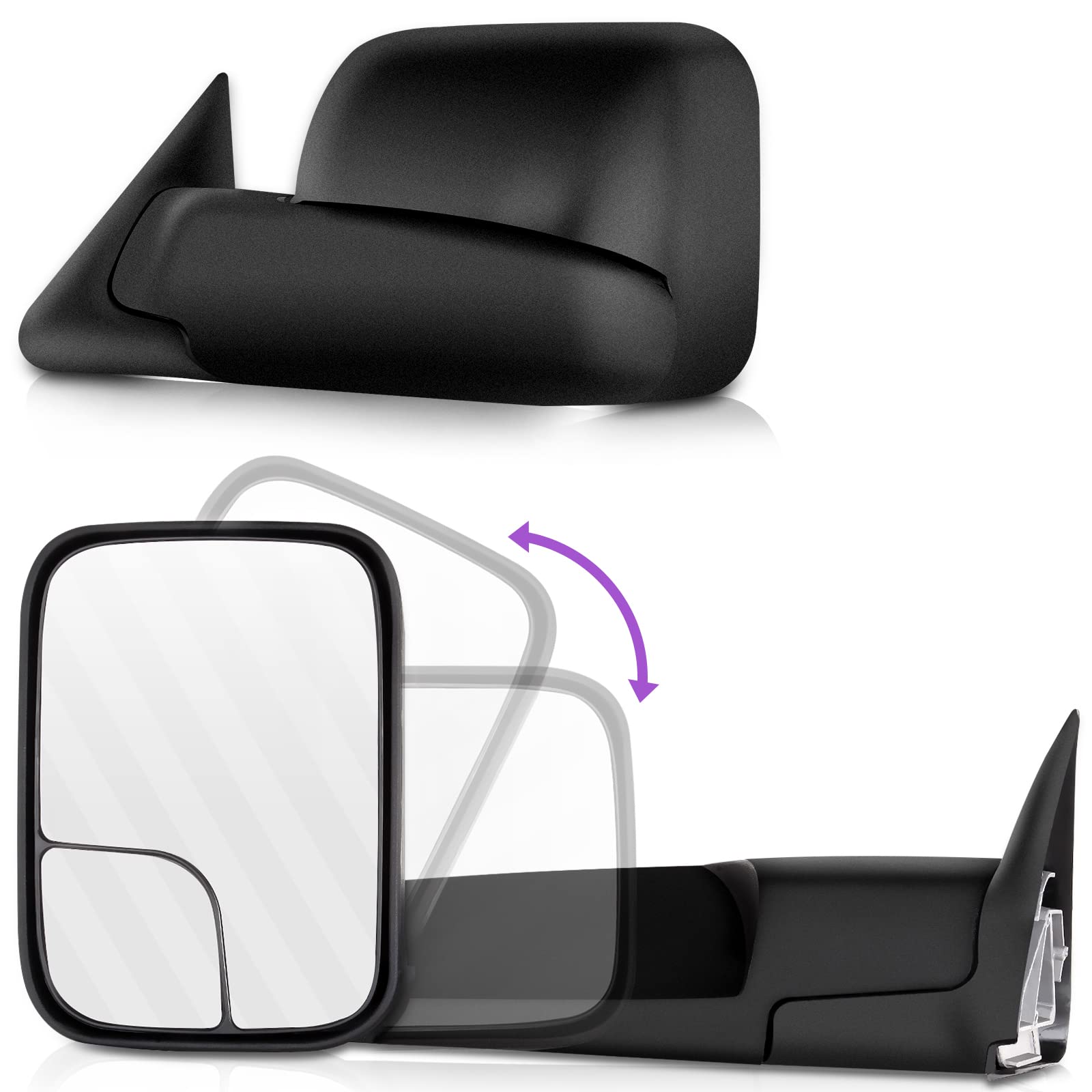 INEEDUP Towing Mirrors for Dodge Ram 1500/2500/3500 (1994-2002) - Manual Adjust Textured Flip-Up Mirrors (Pair) - Left & Right Side Non-Heated Tow Mirrors - Perfect for Towing Trailers, Boats & Campers