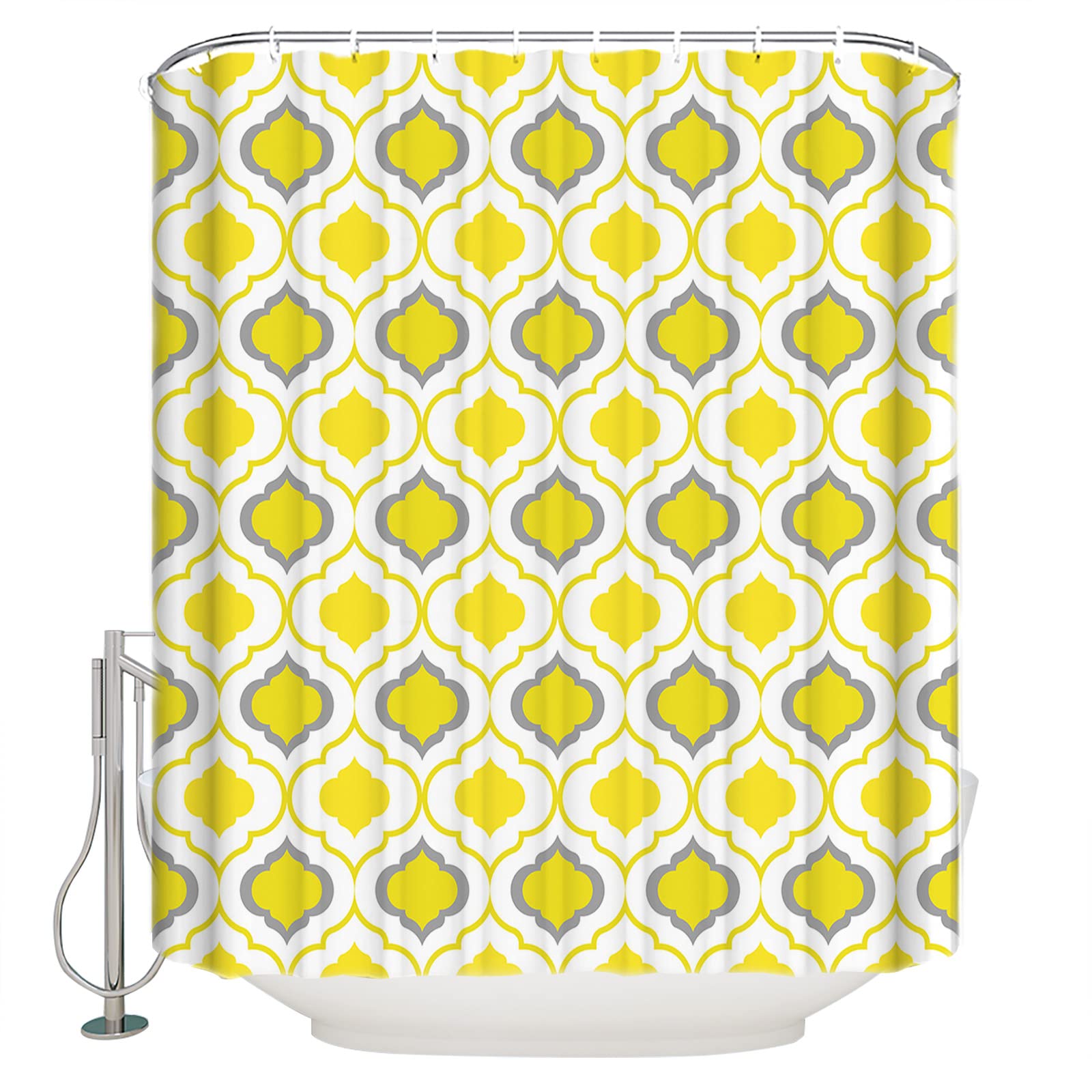 Yellow and Grey Moroccan Geometric Shower Curtain - Waterproof Polyester Fabric Bath Curtain with Hooks, 60x72 Inches - Farmhouse & Boho Bathroom Decor for Vintage Style Homes
