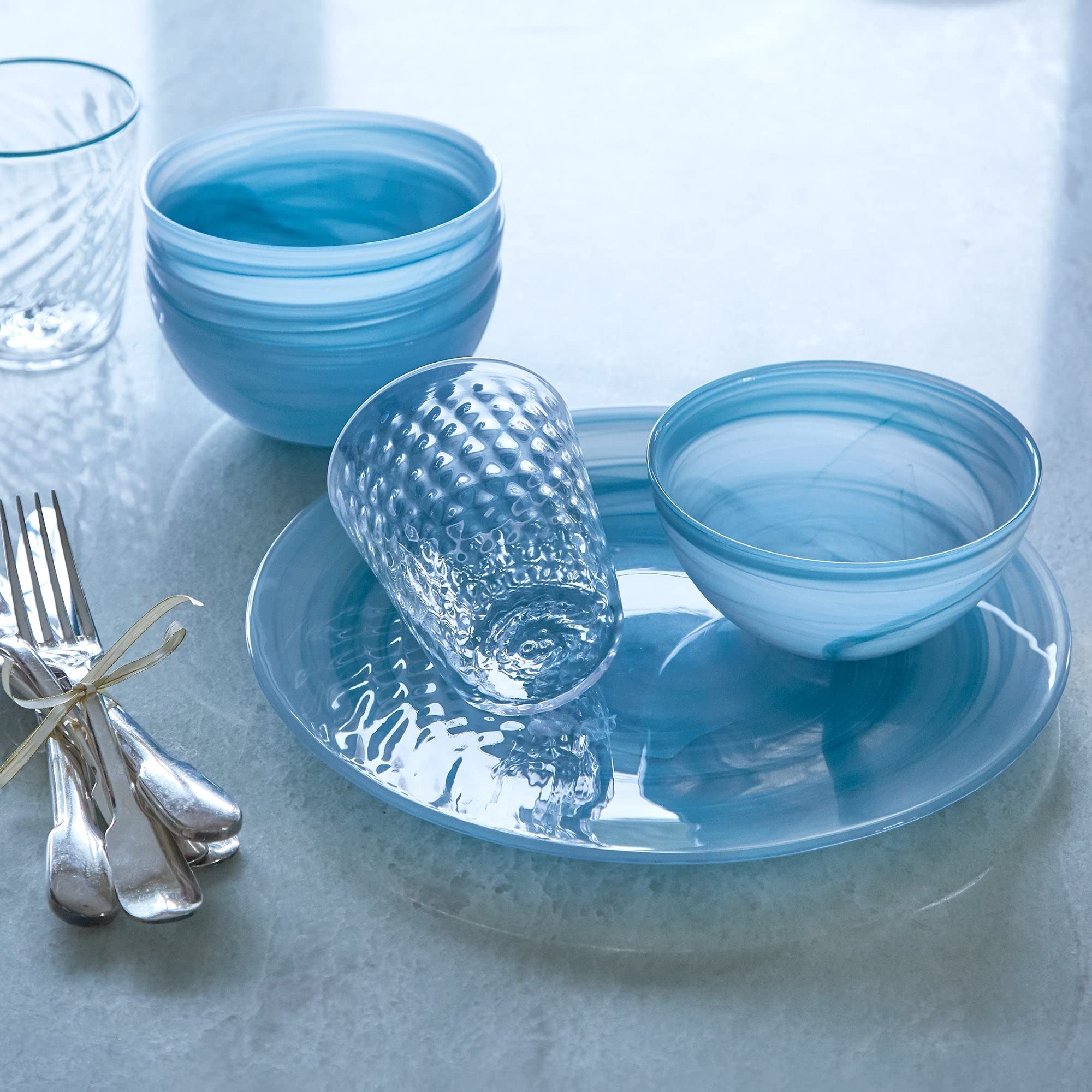 MARIPOSA Alabaster Aqua Dessert Plate Set - Handmade in Turkey | Elegant Glass Canape & Small Plates for Parties, Weddings & Home Decor | Aqua & Alabaster Tableware Collection