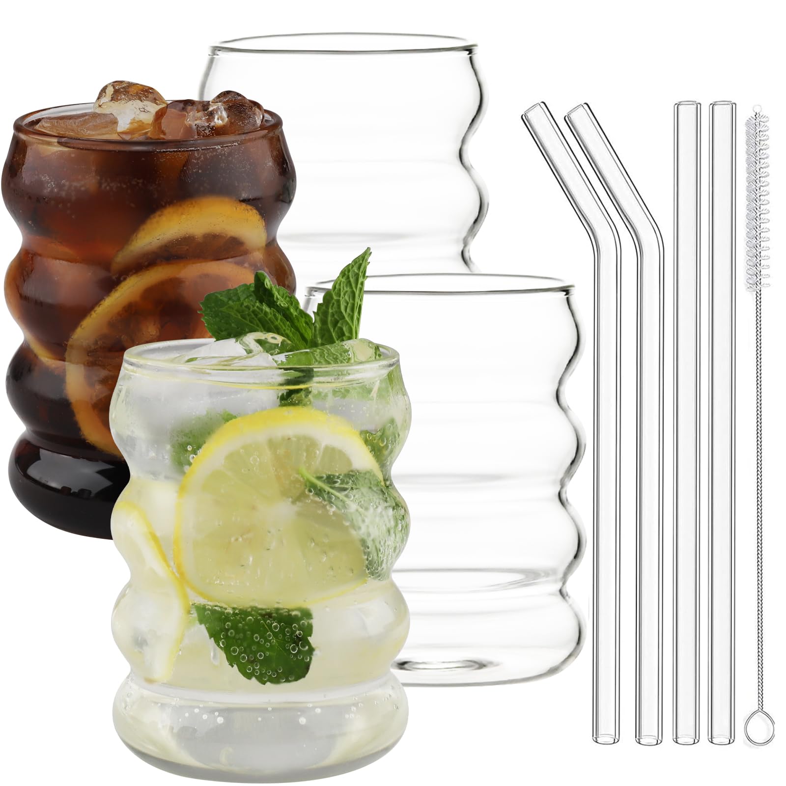 Vintage Glass Cups with Straws - Set of 4 (350ml) Clear Wavy Drinking Glasses for Soda, Cocktails, Milk & Coffee - Perfect for Home Bars, Parties & Restaurants