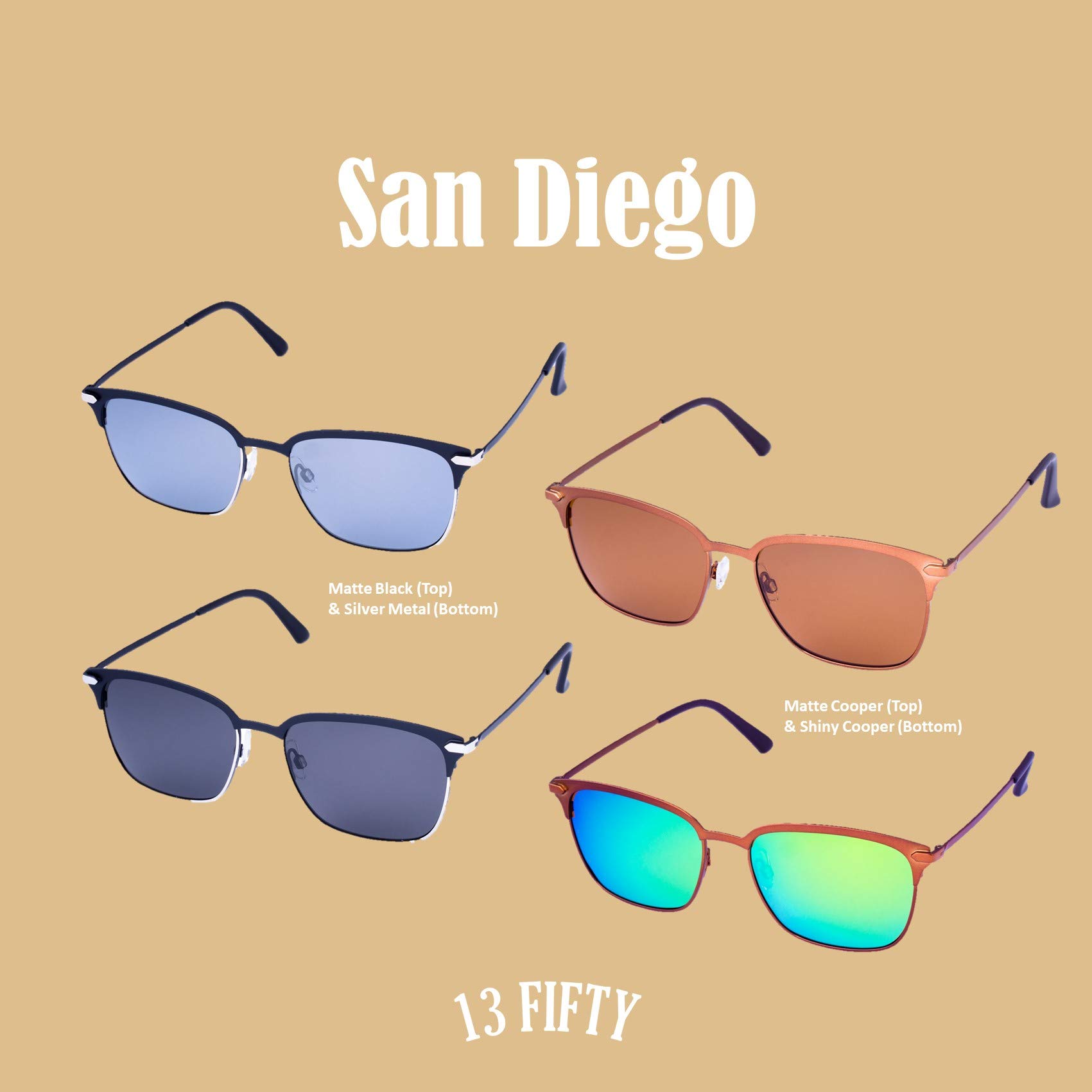13Fifty San Diego Polarized Metal Sunglasses for Men & Women - UV Protection, Lightweight & Durable - Perfect for Driving, Beach & Outdoor Activities