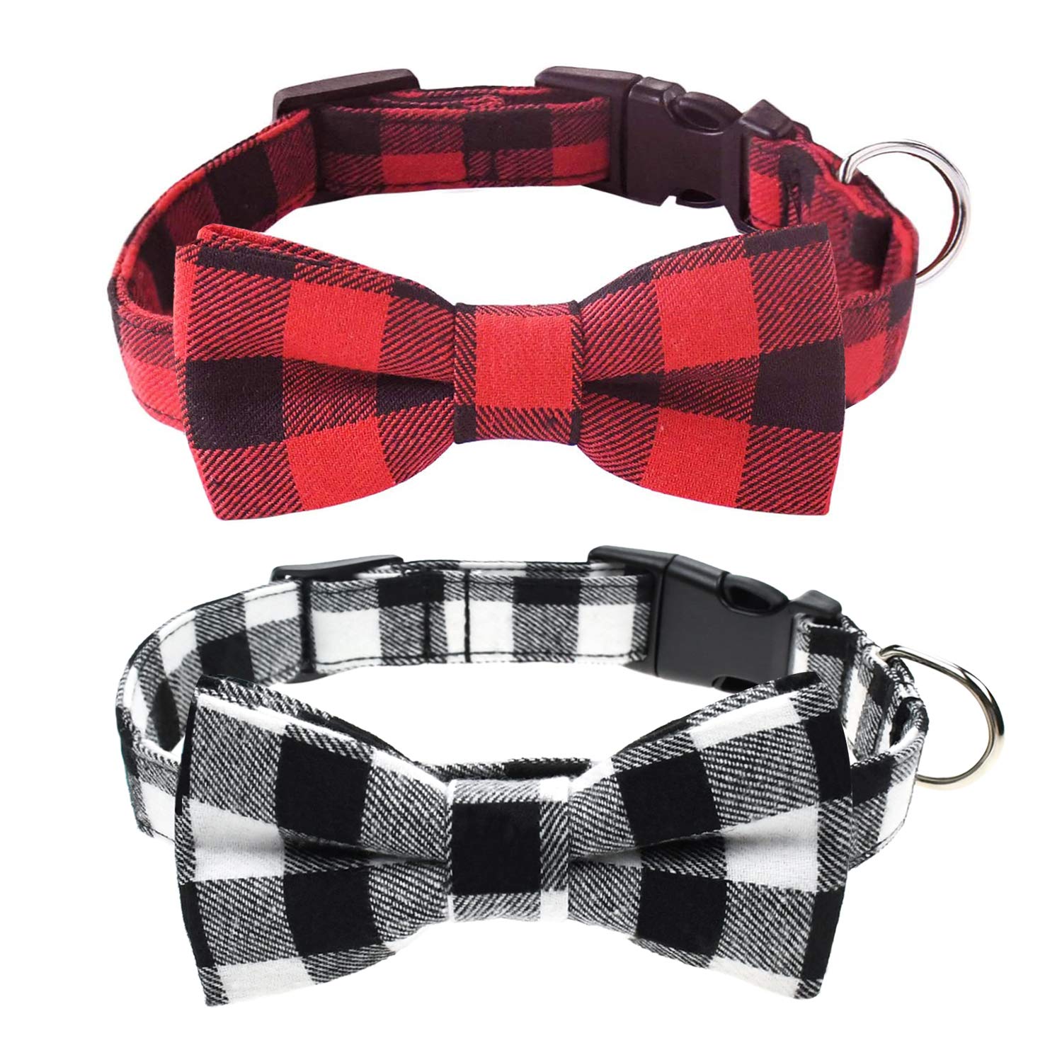 Malier 2 Pack Christmas Dog Collar with Bow Tie - Adjustable Plaid Pet Collar for Small Medium Large Dogs & Cats (Red+Black, Large) | Holiday Pet Accessories for Xmas Parties & Festive Photos