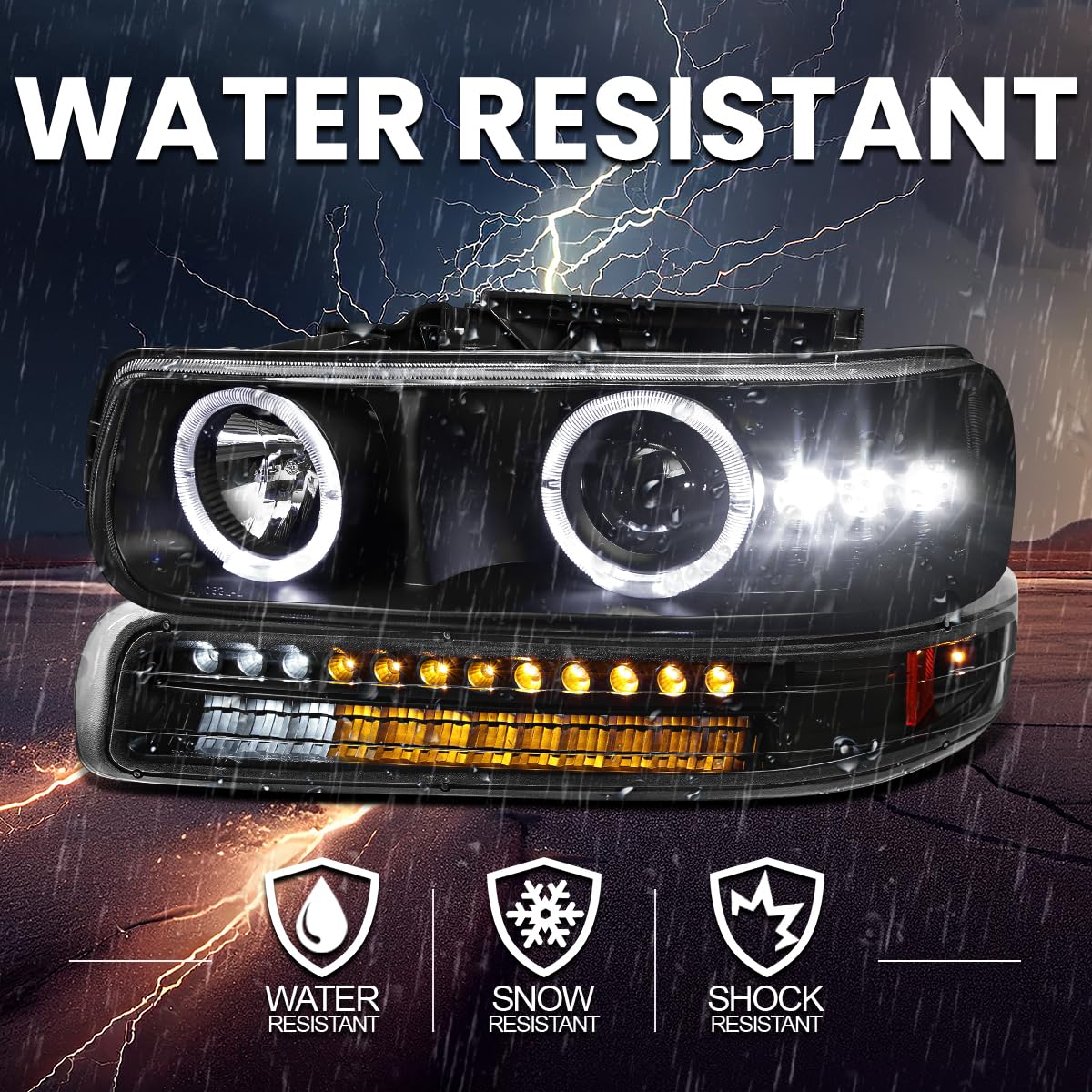 Spec-D Tuning Black LED Halo Projector Headlights with LED Bumper Lights - Compatible with 1999-2002 Chevy Silverado 1500/2500/3500 - Left & Right Pair Headlamp Assembly - Upgrade for Night Driving & Off-Road Adventures