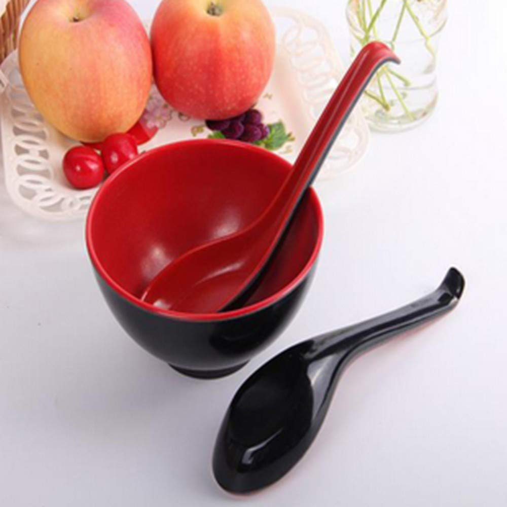 Premium 12-Pack Japanese Style Soup Spoons - 6.5 Inch Chinese Wonton Pho Ramen Dining Spoons with Hook (Black & Red) - Perfect for Asian Noodles, Soups, Rice Bowls & Home Restaurants
