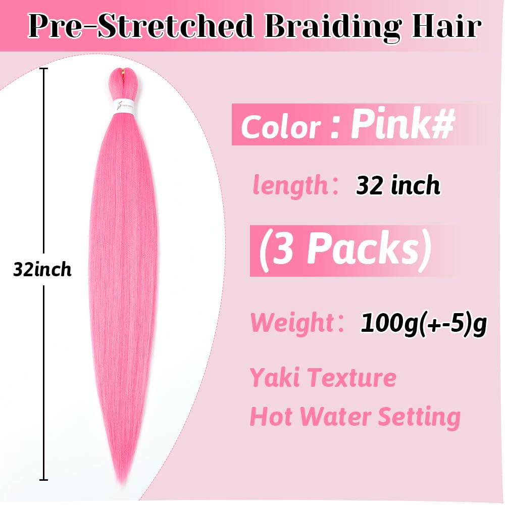 Pre-Stretched Braiding Hair 32 Inch - Pink Synthetic Hair Extensions for Yaki Braids, Hot Water Setting, Crochet Hair (3 Packs, Pink) - Perfect for Protective Styles, Box Braids & Everyday Wear