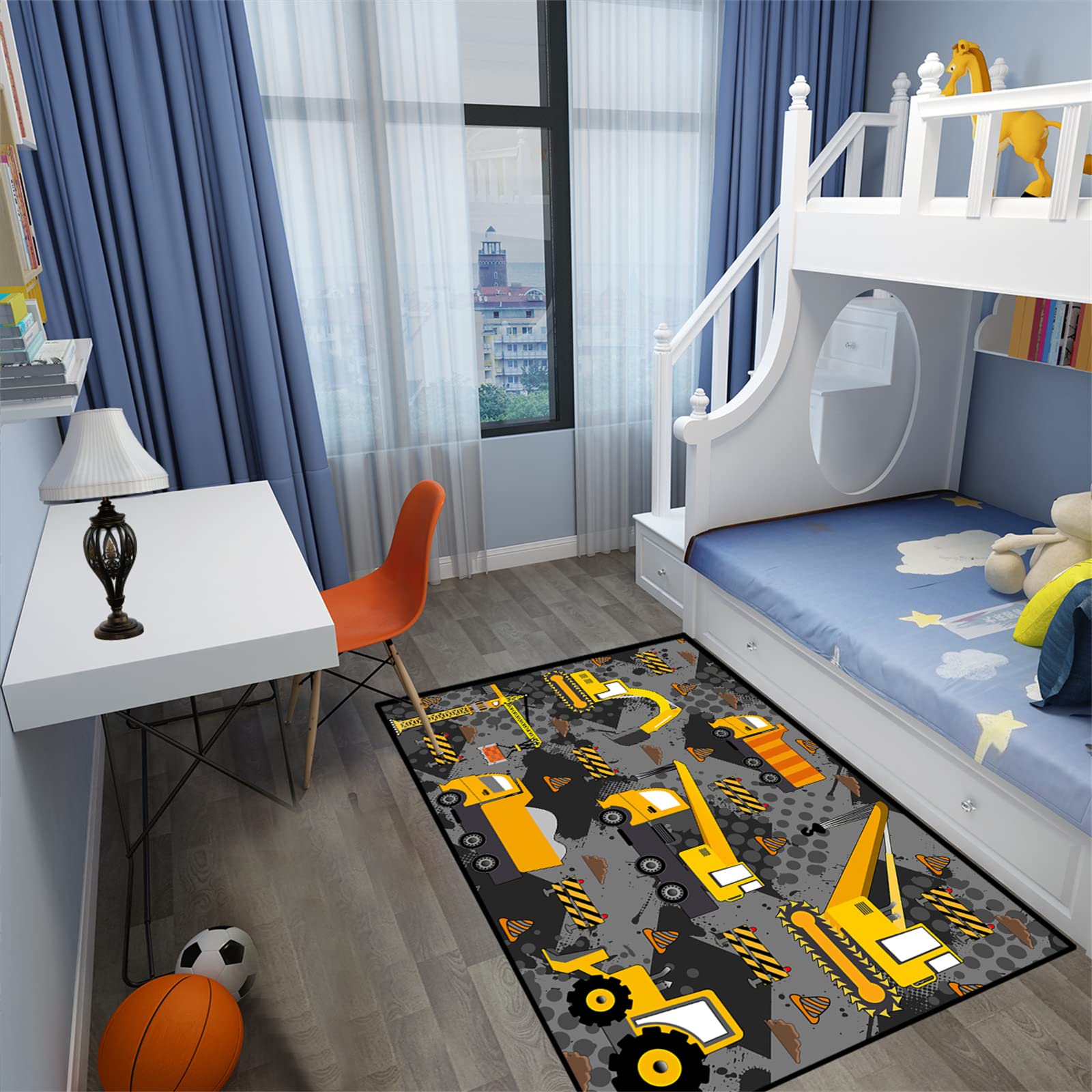 Construction Play Rug for Boys - 2'5''×4' Grey Kids Car & Truck Play Mat - Durable Playroom Rug for Boys Room Decor & Construction Theme | Perfect for Playtime, Learning & Room Decoration