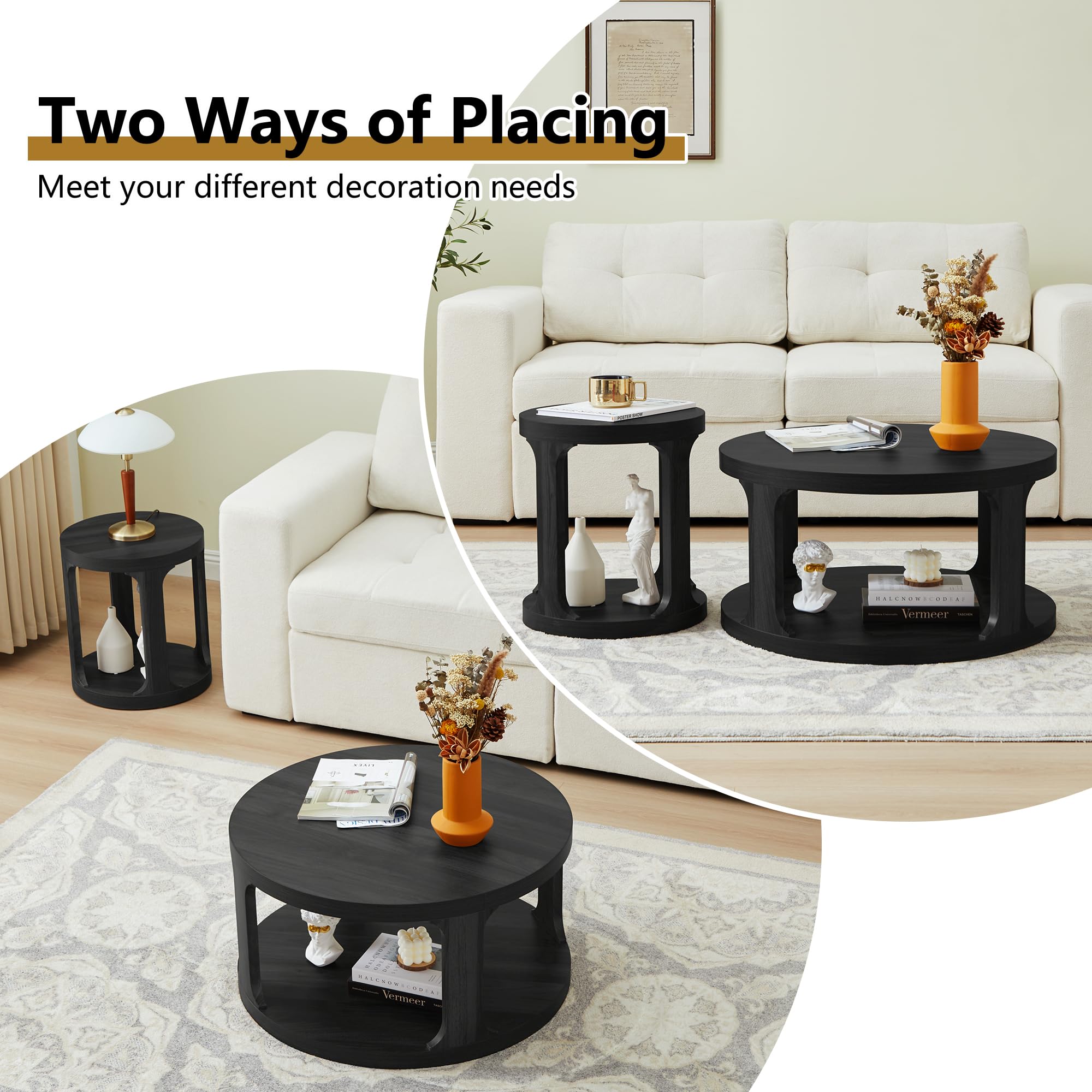 Modern Round Nesting Coffee Table Set of 2 with Storage Shelf - Space-Saving Side Table for Living Room, Bedroom, Apartment & Home Office - Perfect for Small Spaces & Coffee Time (Black)