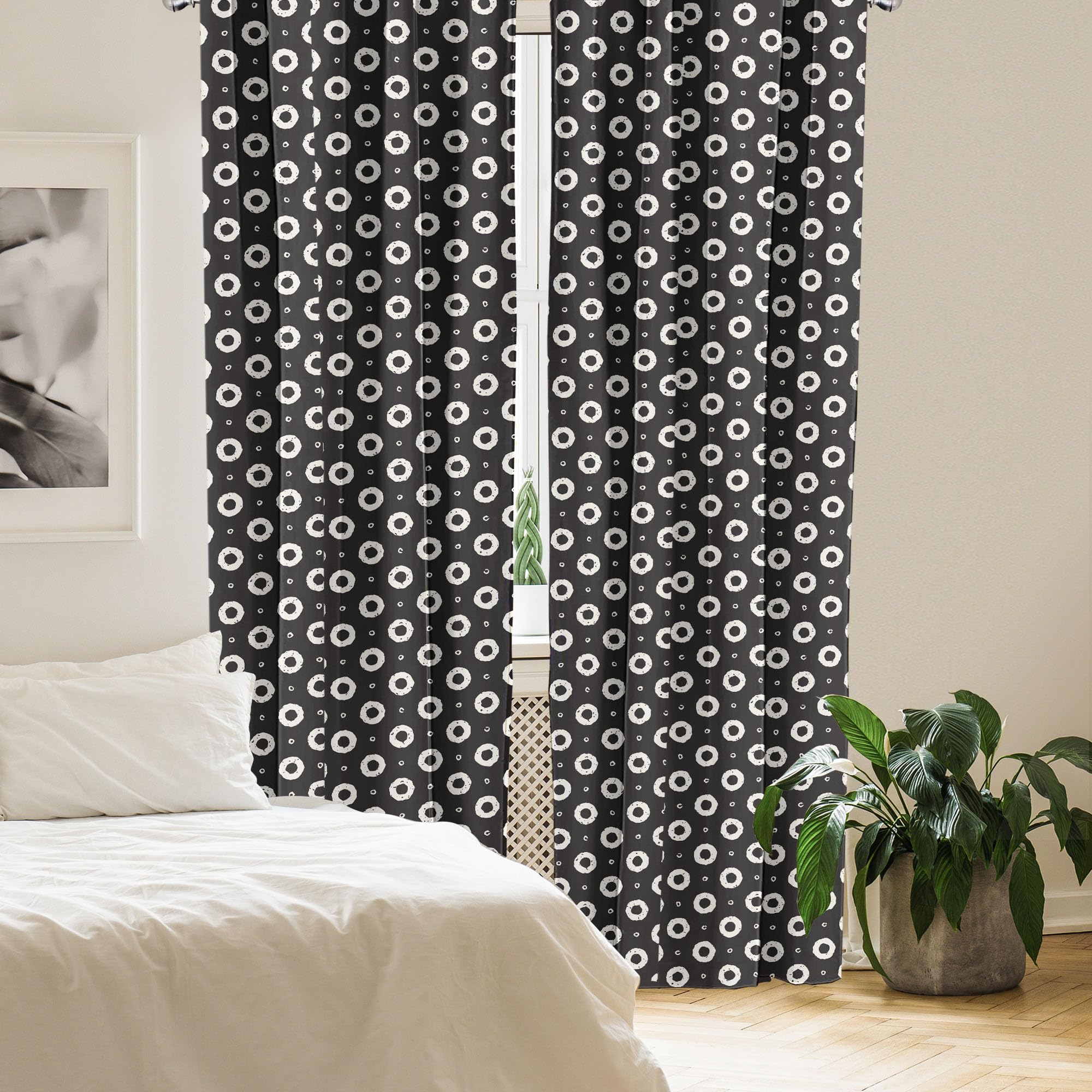 Ambesonne Black and White Geometric Donut Pattern Curtains - Hand-Painted Style Window Treatments, 2 Panels Set (28