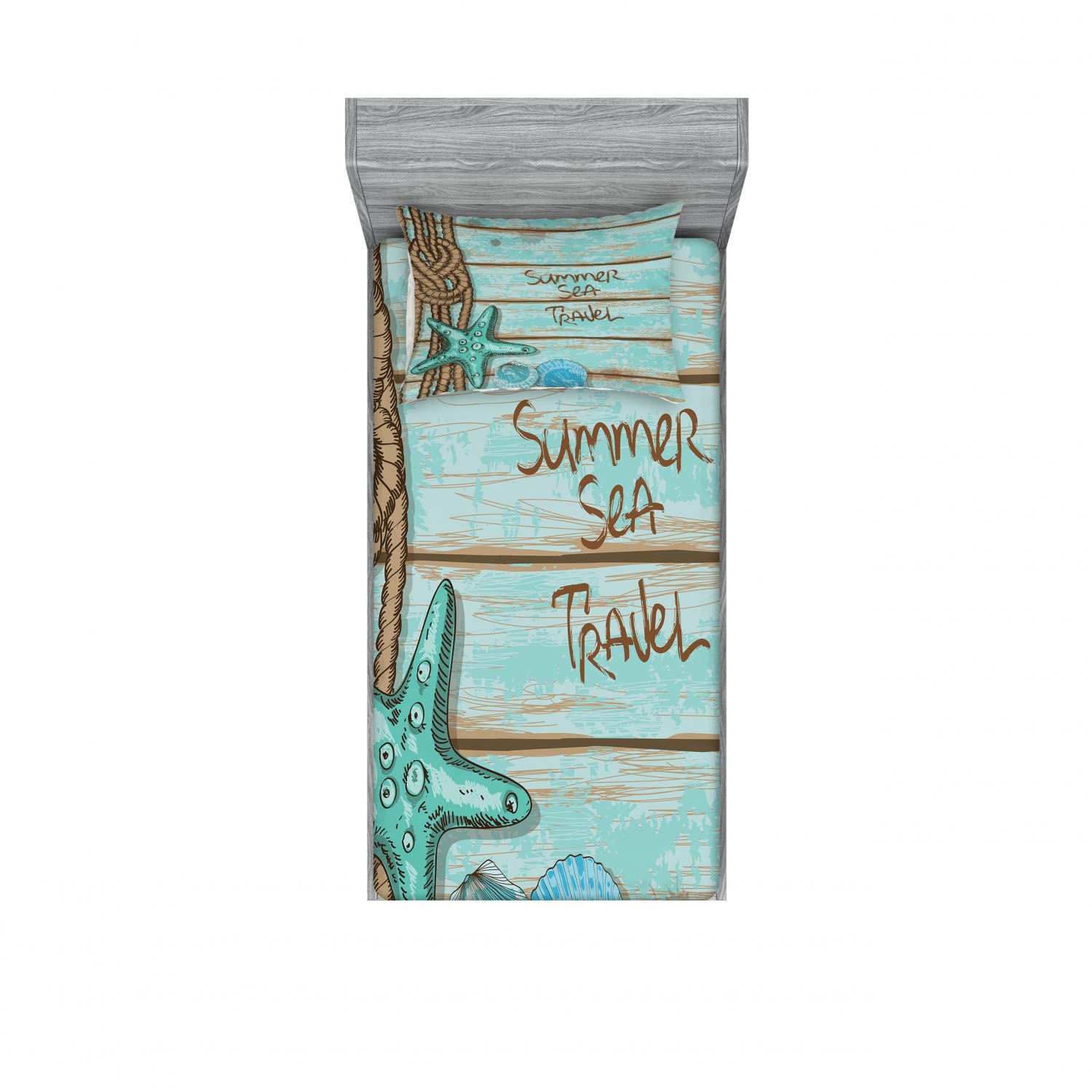 Ambesonne Starfish 2-Pack Twin Fitted Sheet & Pillow Sham Set - 4 Piece Summer Beach Bedding Decor in Mint Green Turquoise - Perfect for Vacation Homes, Guest Rooms & Coastal Themed Bedrooms