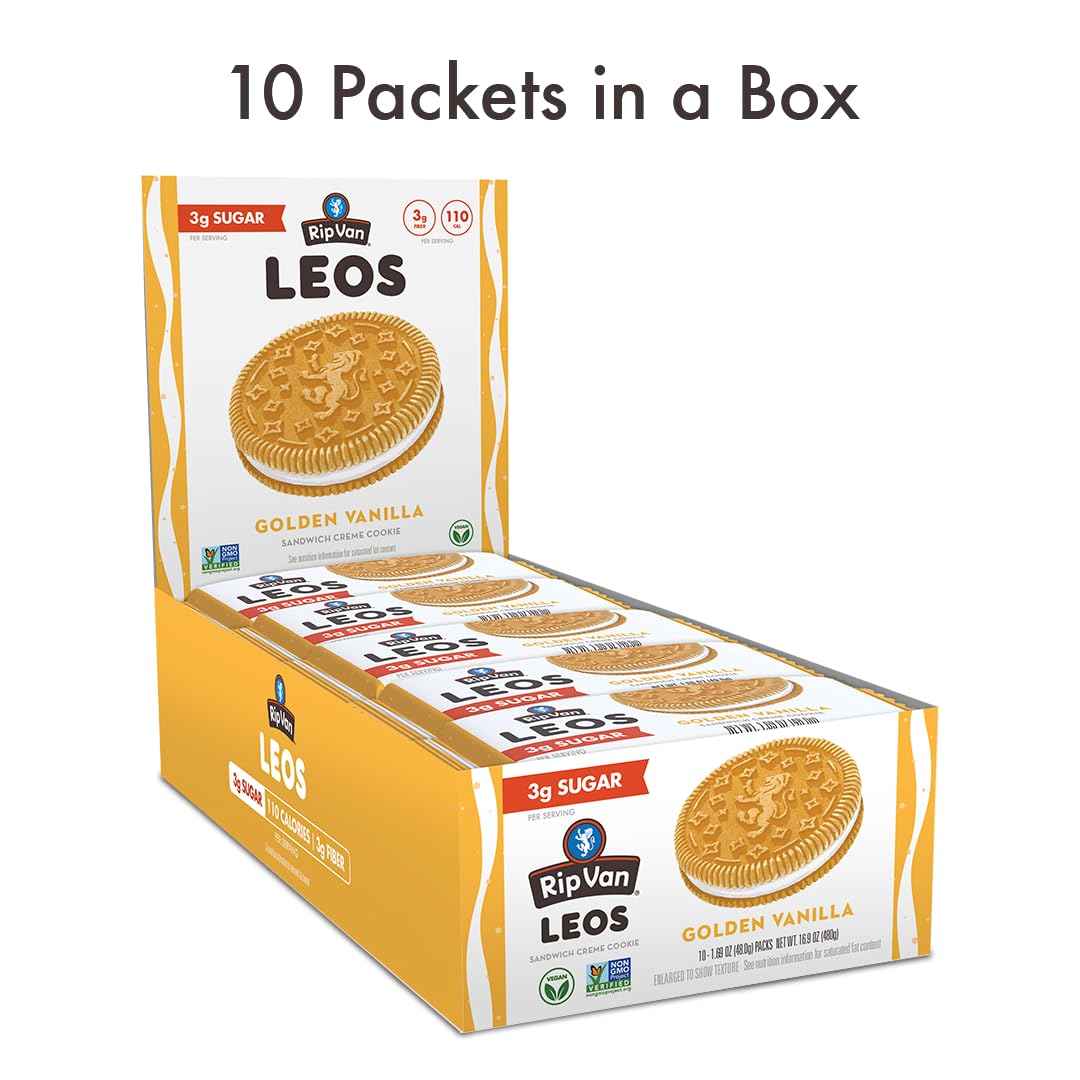 Rip Van LEOs Golden Vanilla Sandwich Cookies - Low Sugar, Low Carb, Keto & Diabetic Friendly Snacks - 40 Cookies (10 Packs of 1.69oz) - Perfect for Office, School Lunch & Healthy On-the-Go Snacking