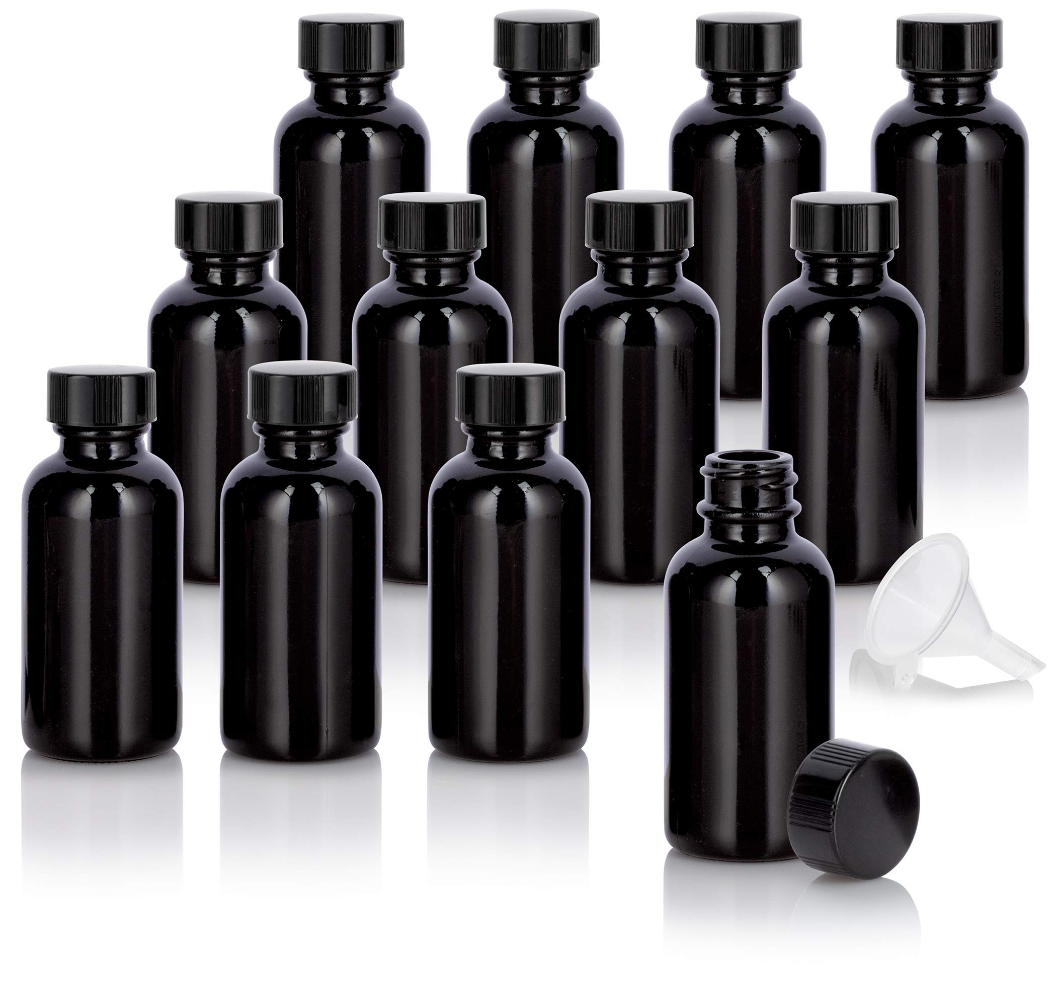 Premium 1 oz Black Glass Boston Round Bottle with Black Phenolic Cap & Funnel - Set of 12 for Essential Oils, Perfumes & DIY Beauty Products - Luxury Apothecary Packaging for Home & Professional Use