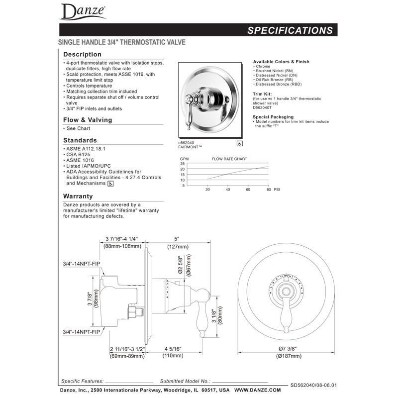 Danze Fairmont Chrome Single Handle High Volume Thermostatic Shower Valve with Rough-in - Perfect for Modern Bathrooms & Spa-Like Shower Experience
