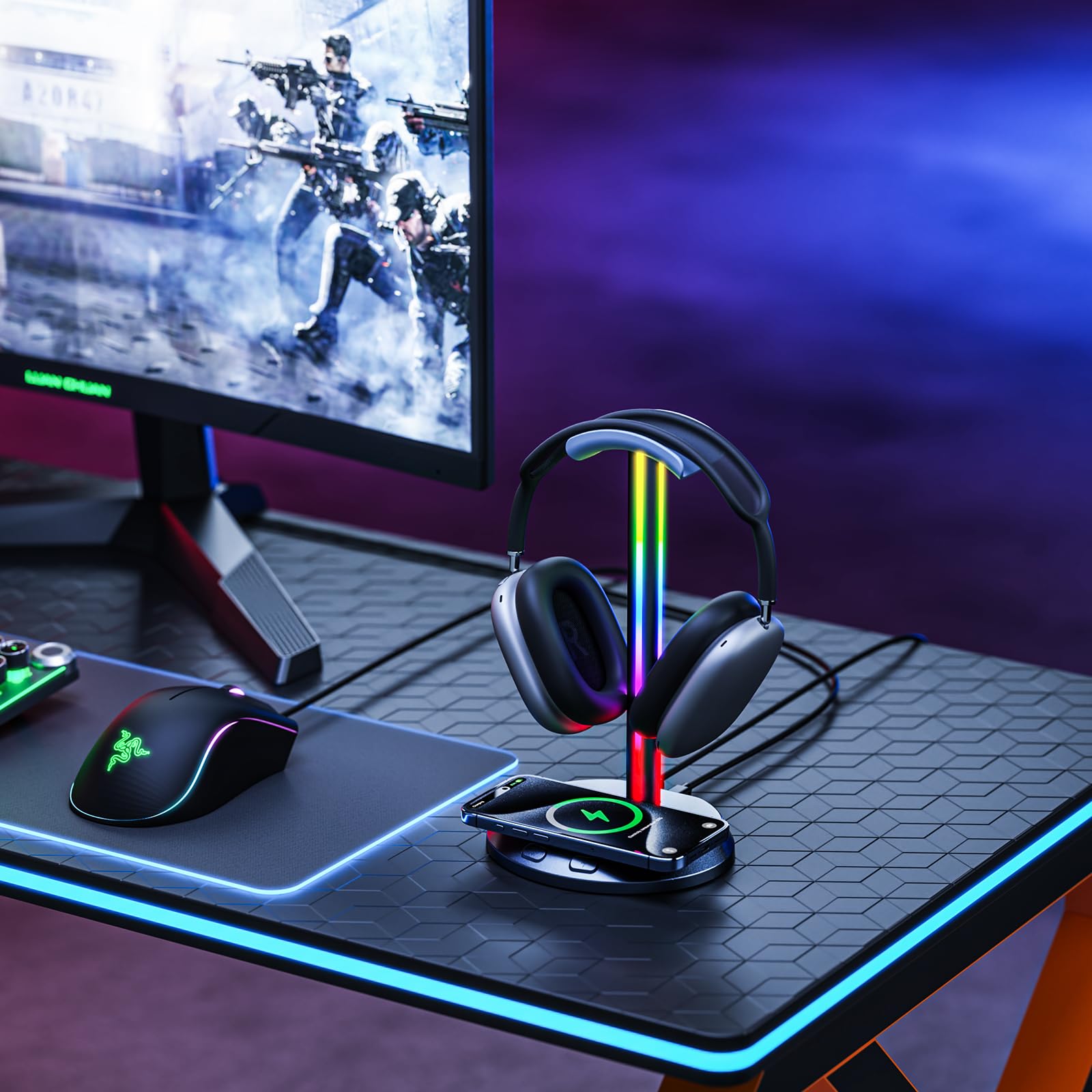 Premium RGB Gaming Headphone Stand with 15W Fast Wireless Charger & 3-Port Hub (2 USB-C + 1 USB) - Weighted Non-Slip Base for All Headsets - Perfect for Gaming Setup & Office Desk Organization