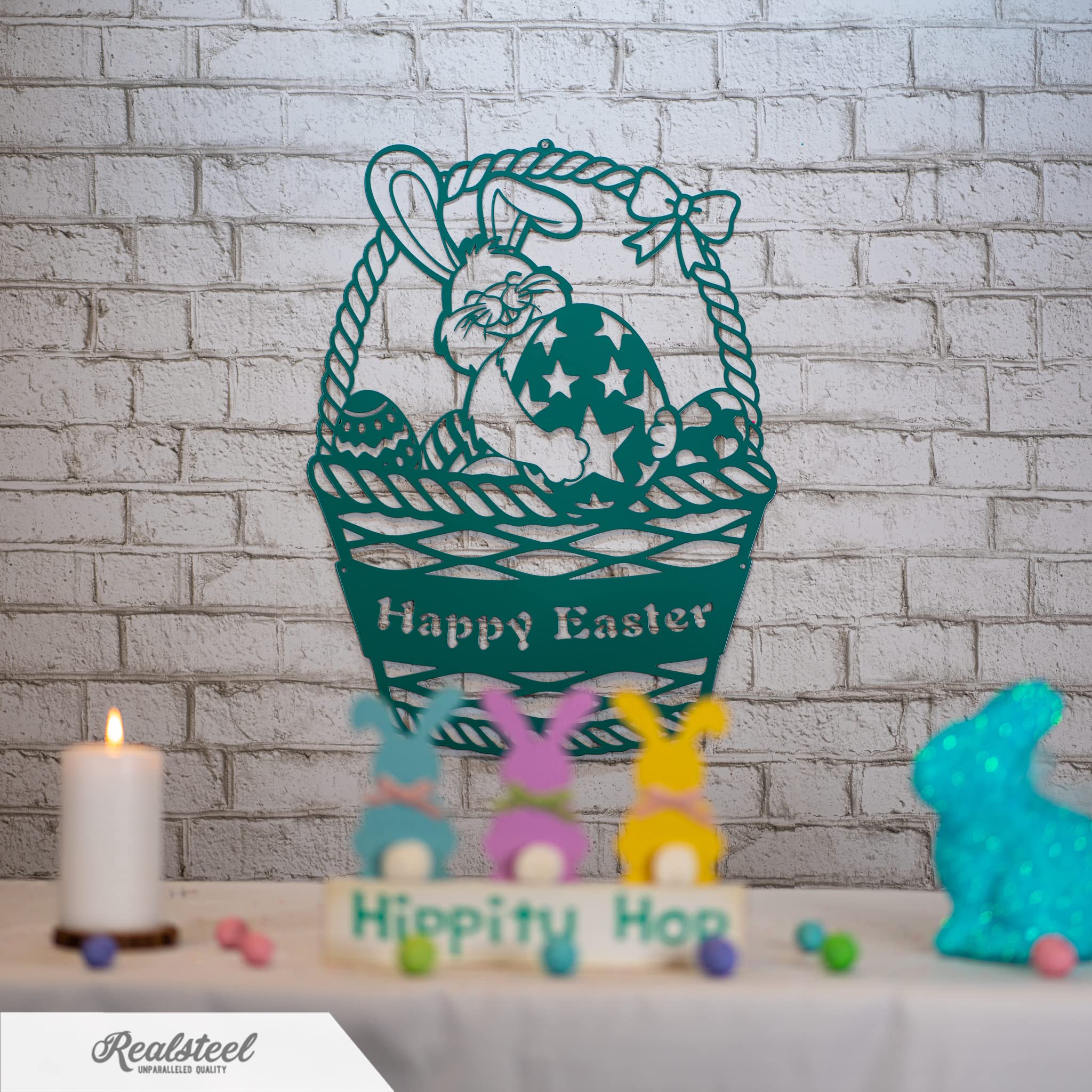 RealSteel Easter Bunny Monogram - Custom Spring Home Decor - Personalized Rabbit & Easter Egg Basket Wall Art - 14
