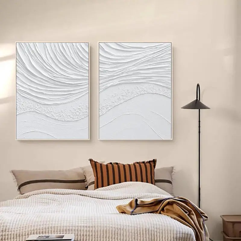 Modern White Minimalist Textured Canvas Wall Art Set of 2 - Abstract Handmade Paintings for Living Room, Bedroom & Office Decor | #MM062