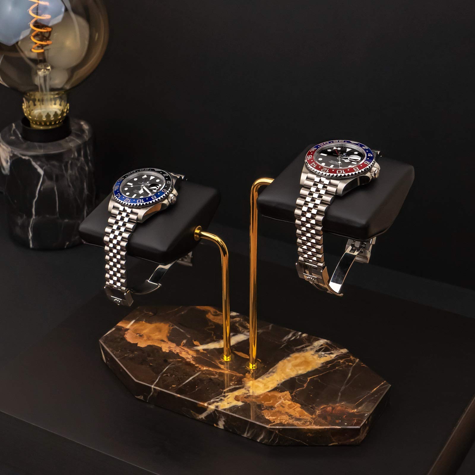 LYS&LYX Handcrafted Wooden Watch Stand - Premium Watch Display Holder for Luxury Watches (Brown/Gold/Black, 2-Pack) - Perfect for Jewelry Store, Watch Collection & Home Decor