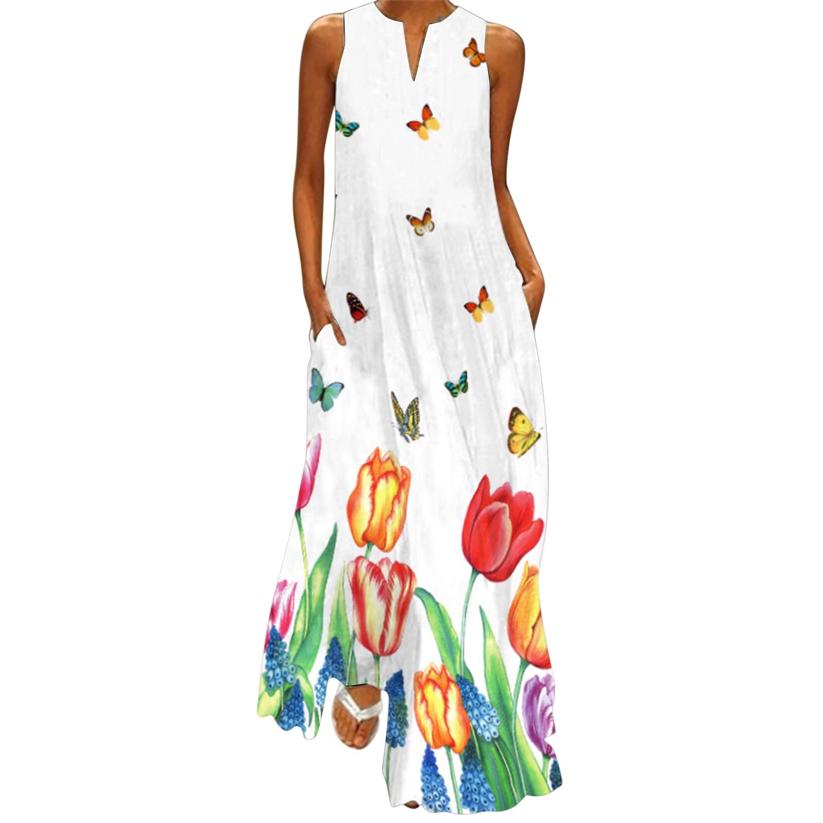 Women's Summer Short Sleeve V-Neck Chiffon Midi Dress - Floral Print Casual Sleeve Dress for Beach, Vacation & Outdoor Parties