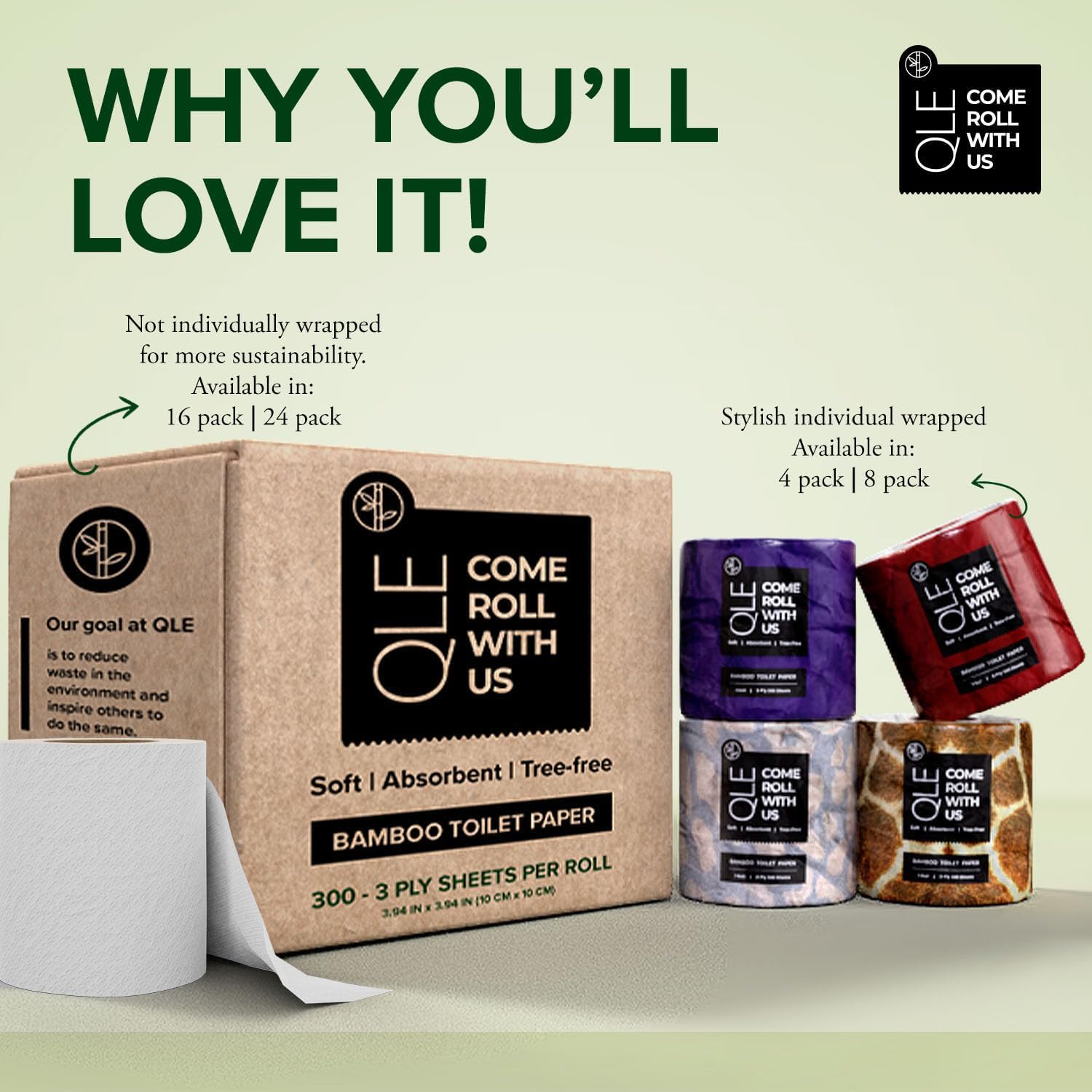 QLE 4-Pack 3-Ply Bamboo Toilet Paper | 300 Sheets per Roll | Organic, Hypoallergenic & Septic Safe | Soft, Compostable & Chemical-Free | Perfect for RV, Camping & Eco-Friendly Homes