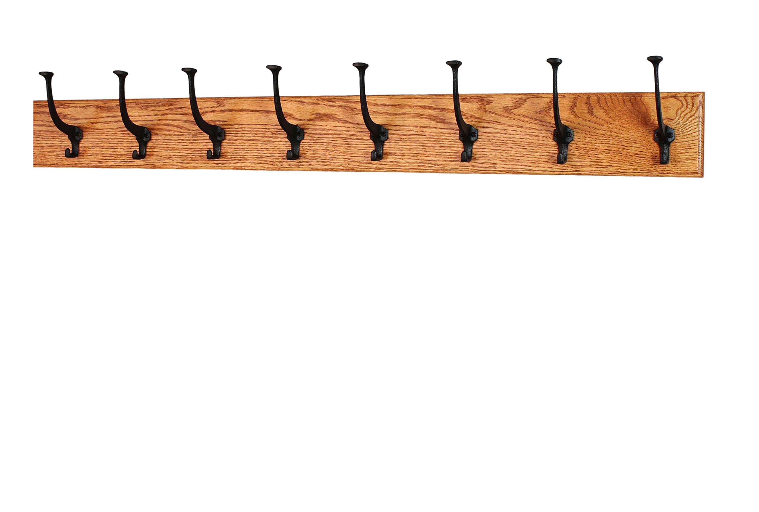 Solid Oak Wall Mounted Coat Rack with 8 Large Black Mission Hooks - Handcrafted in USA - Burnt Orange Finish - 41