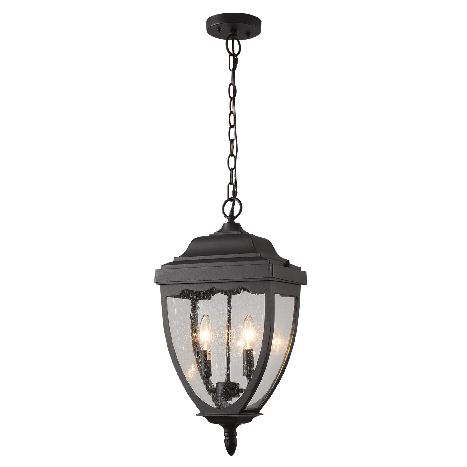 Black Outdoor Pendant Light Fixtures - Exterior Hanging Lantern Chandelier with Seeded Glass for Entryway, Doorway, Farmhouse & Foyer - Perfect for Porch, Patio, and Garden Lighting