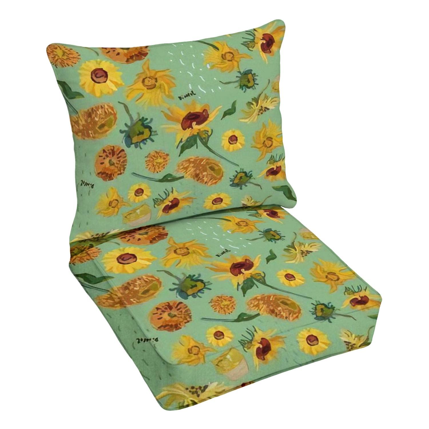 Premium Outdoor Deep Seating Cushion Set - Sunflower Floral Design on Sea Green Fabric - Replacement Cushions for Patio Lounge Chairs & Conversation Sets - Perfect for Backyard, Poolside, and Garden Relaxation