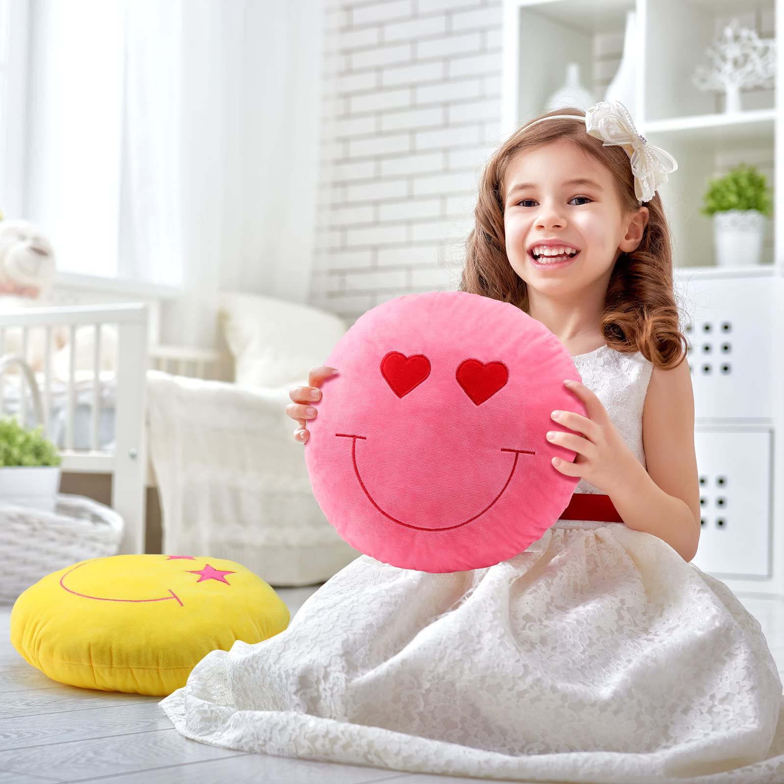 3D Embroidered Round Face Emoticon Plush Pillow Set - 3 Pack 16 Inch Cute Stuffed Throw Cushions for Bed, Sofa, Couch & Car Decor - Soft Floor Pillows for Home, Office & Dorm Room Comfort
