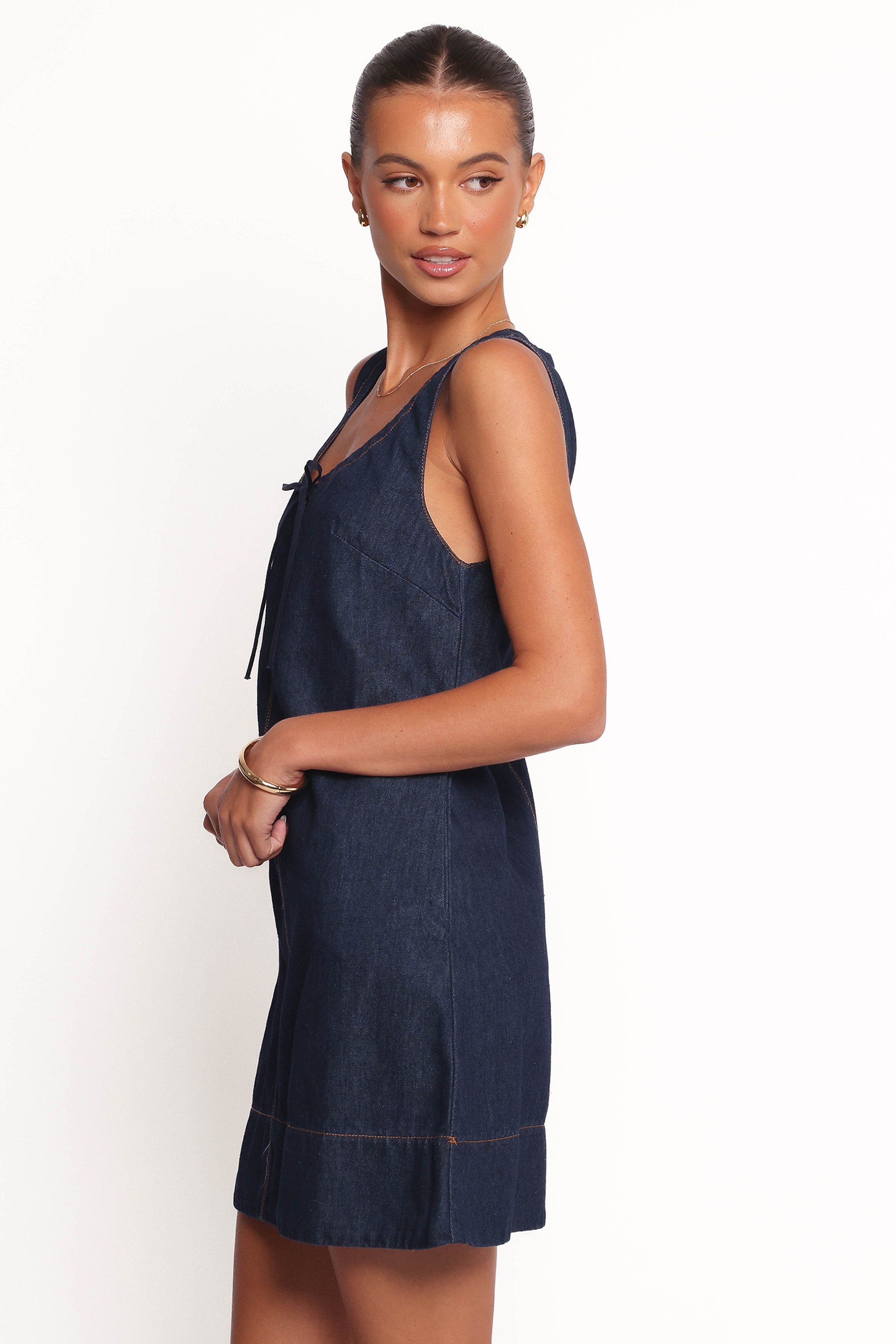 Azen Mini Dress - Dark Denim Blue Stretch Denim Bodycon Dress for Women | Casual, Party & Night Out Outfits