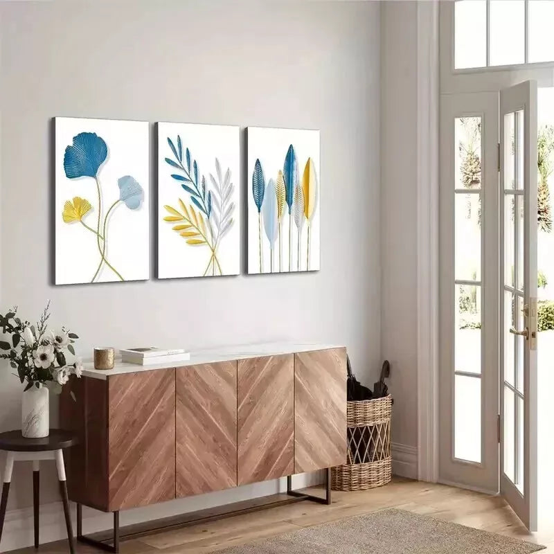 3-Piece Blue and Gold Leaf Canvas Wall Art Set - 50x70cm Framed Canvas Prints - High Quality Australian Made - Ready to Hang - Perfect for Living Room, Bedroom & Office Decor