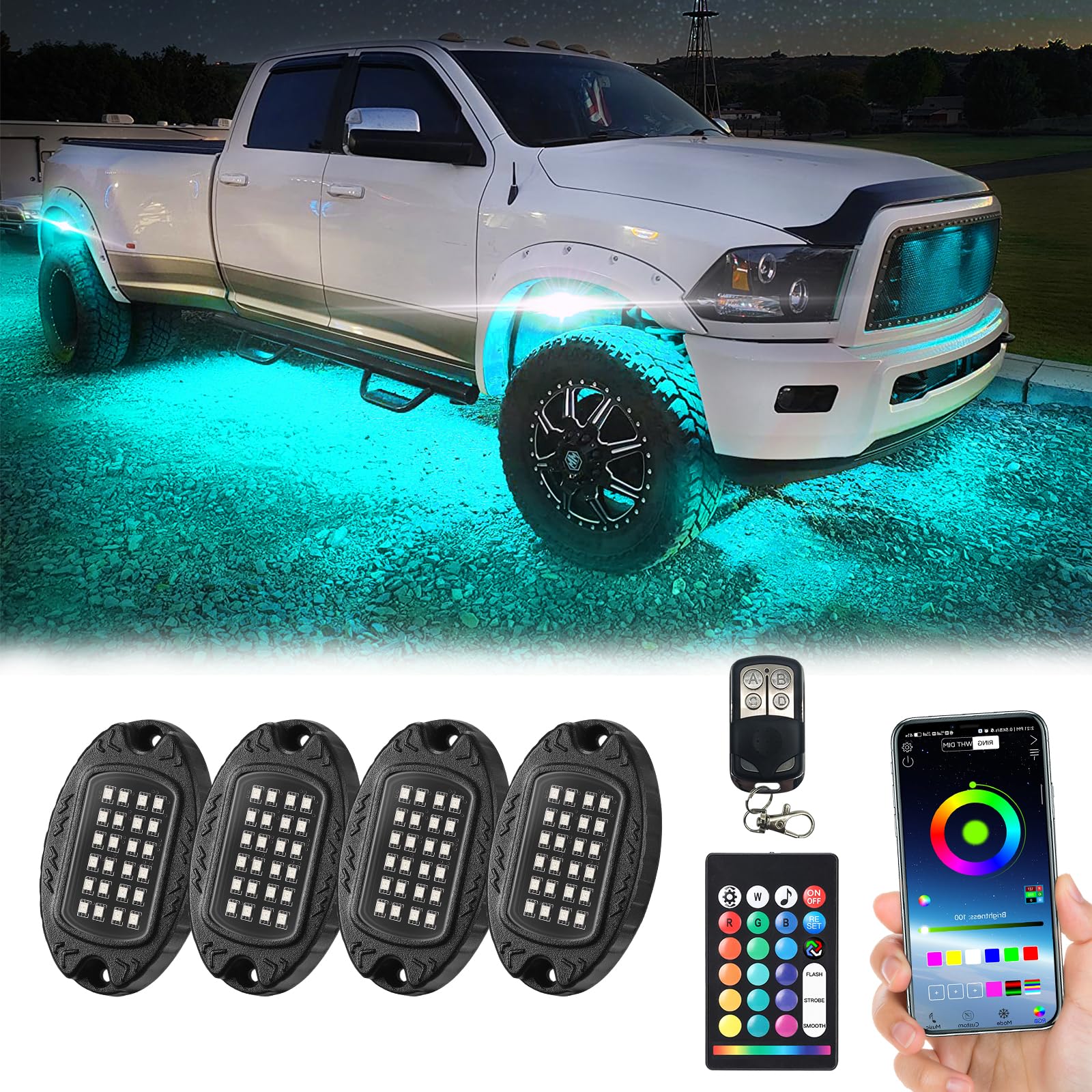 4Pods Upgraded Segmented Metal RGB LED Rock Lights Kit with APP & RF Remote Control - Waterproof Underglow Lights, 12V Multi-Color Underbody Lighting for Trucks, Jeep, ATV, UTV, Golf Cart, RZR, SXS - Perfect for Off-Road Adventures, Car Shows & Night Driving