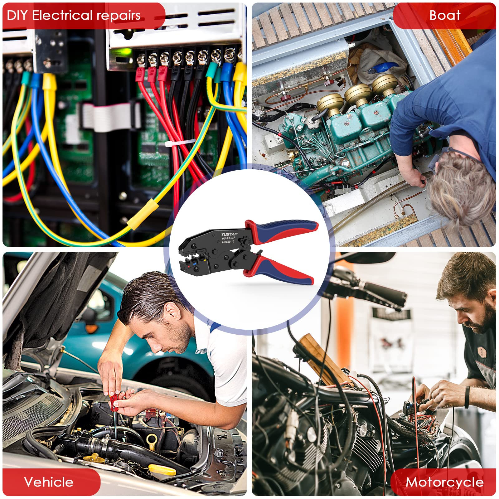 Professional TUBTAP Ratcheting Crimping Tool for Electrical Connectors [AWG 20-10] - Wire Crimper for Heat Shrink & Insulated Nylon Connectors (0.5-6.0mm²) - Perfect for Automotive, Marine, and Home Electrical Wiring Projects
