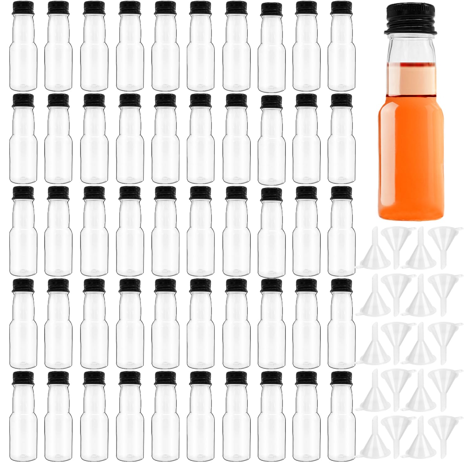 50 Pack 1 oz (30ml) Clear Mini Plastic Liquor Bottles with Black Caps & Funnels - Airtight Spirit Containers for Baby Showers, Weddings, Party Favors, Travel Size Alcohol Storage & DIY Craft Projects