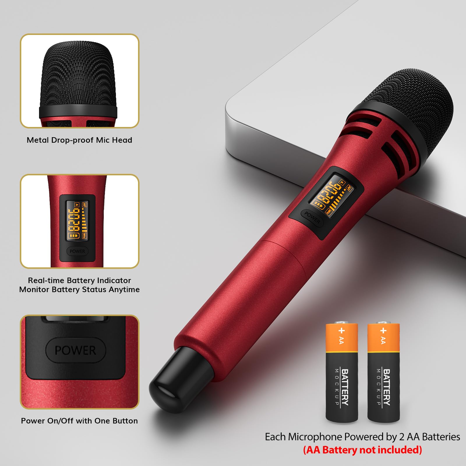TONOR Wireless Microphone System - UHF Cordless Karaoke Mic with Receiver, Handheld Dynamic Microphone Kit for Singing, Church, Events (200ft Range, Adjustable Frequencies, Black & Red) - Perfect for Home Karaoke, Live Performances, and Public Speaking