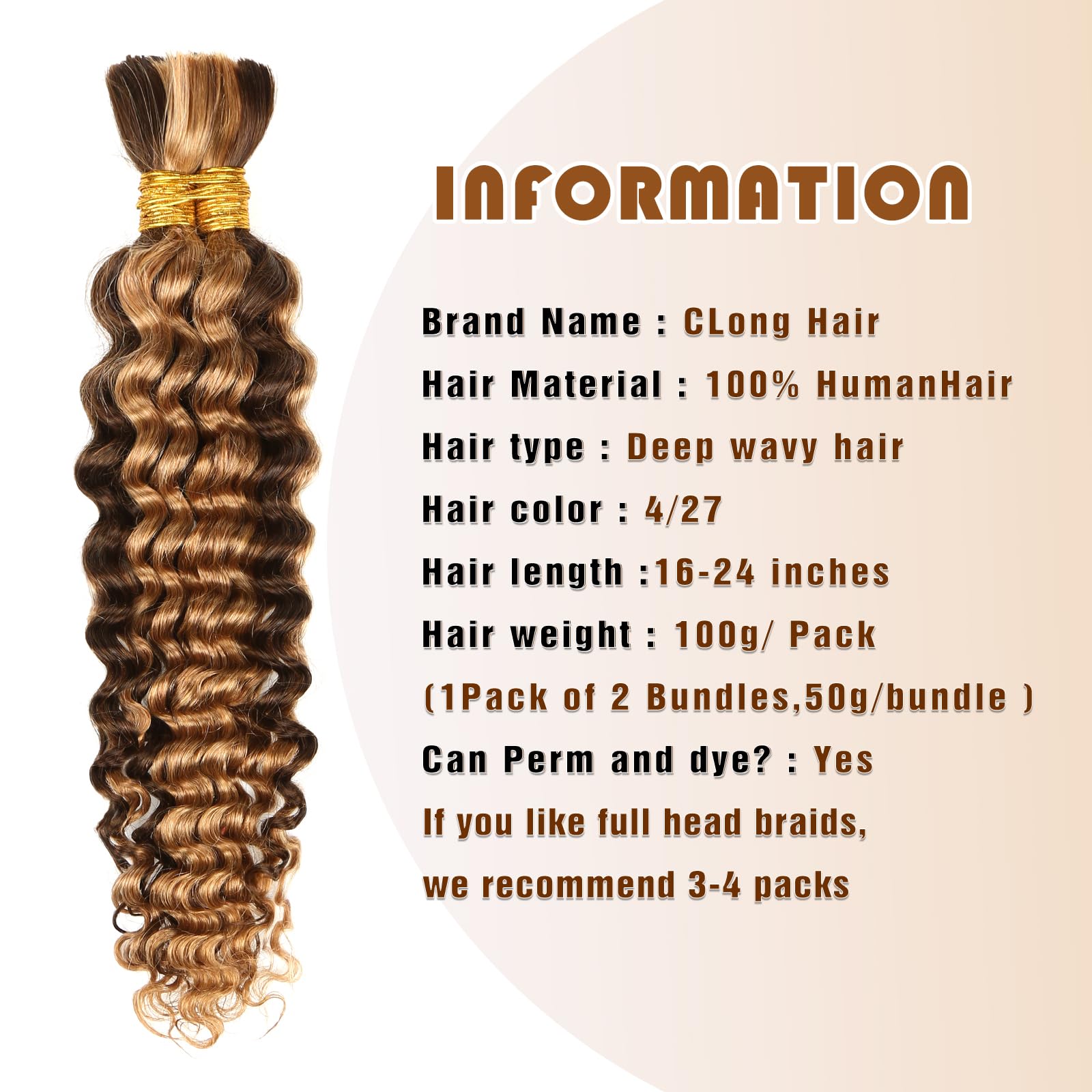 4/27 Honey Blonde Human Braiding Hair Deep Wave Bulk - 100g 16inch No Weft Curly Hair Extensions for Boho Braids & Protective Styles | Perfect for Wet & Wavy Looks, Everyday Wear & Special Occasions