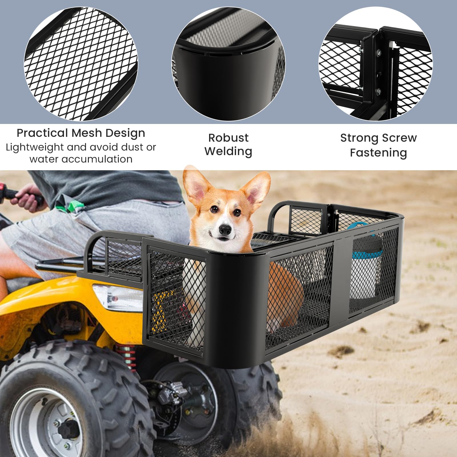Heavy-Duty ATV/UTV Rear Drop Basket Rack - Universal Back Cargo Storage with Steel Mesh Design - Detachable Luggage Carrier (41