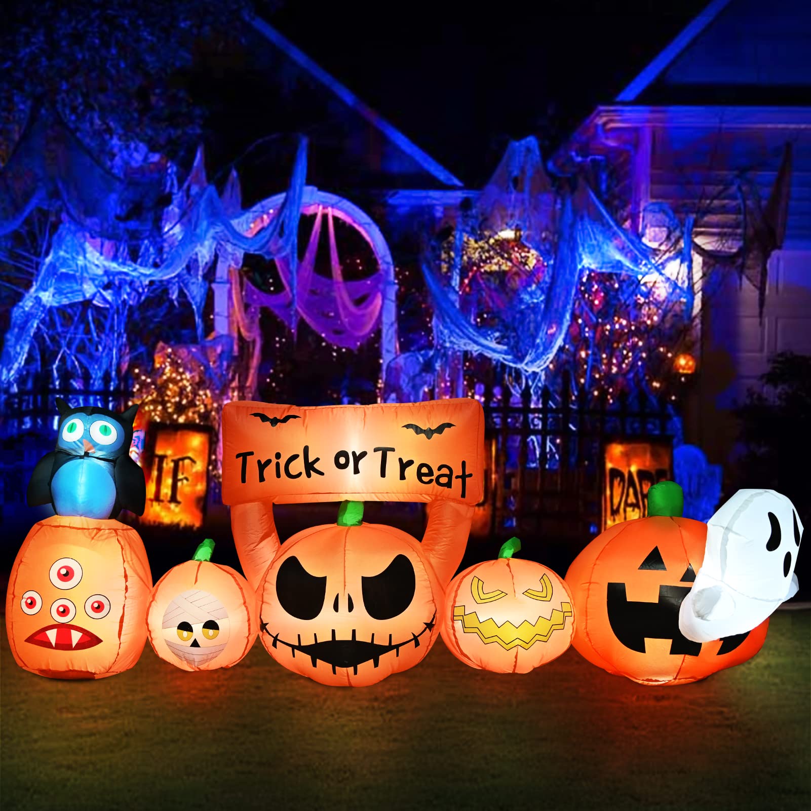 8Ft Halloween Inflatable Decorations - Pumpkin with Owl & White Ghost, Built-in LED Lights for Outdoor Yard, Lawn & Home Holiday Decor | Perfect for Halloween Party, Trick-or-Treat Display & Spooky Front Porch Decorating
