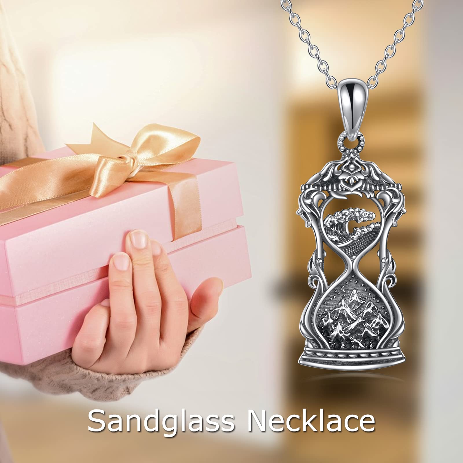 925 Sterling Silver Mountain Wave Pendant Necklace with Hourglass Charm - Elegant Nature-Inspired Jewelry for Women, Perfect for Daily Wear, Gifts & Special Occasions